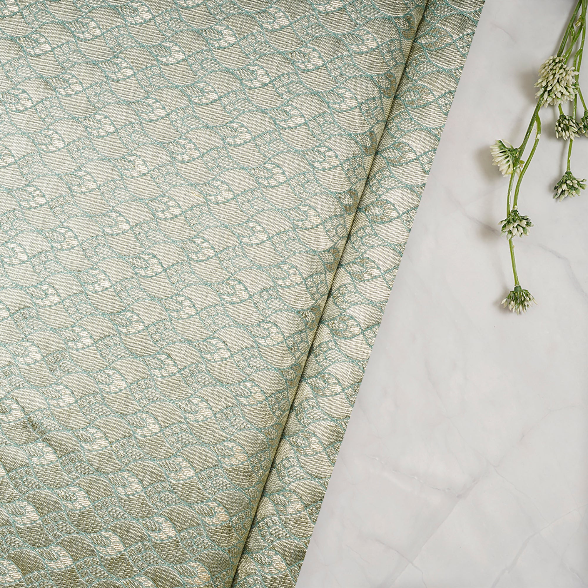 (Pre-Cut 0.75 Mtr)Agate Green All Over Pattern Blended Banarasi Brocade Fabric