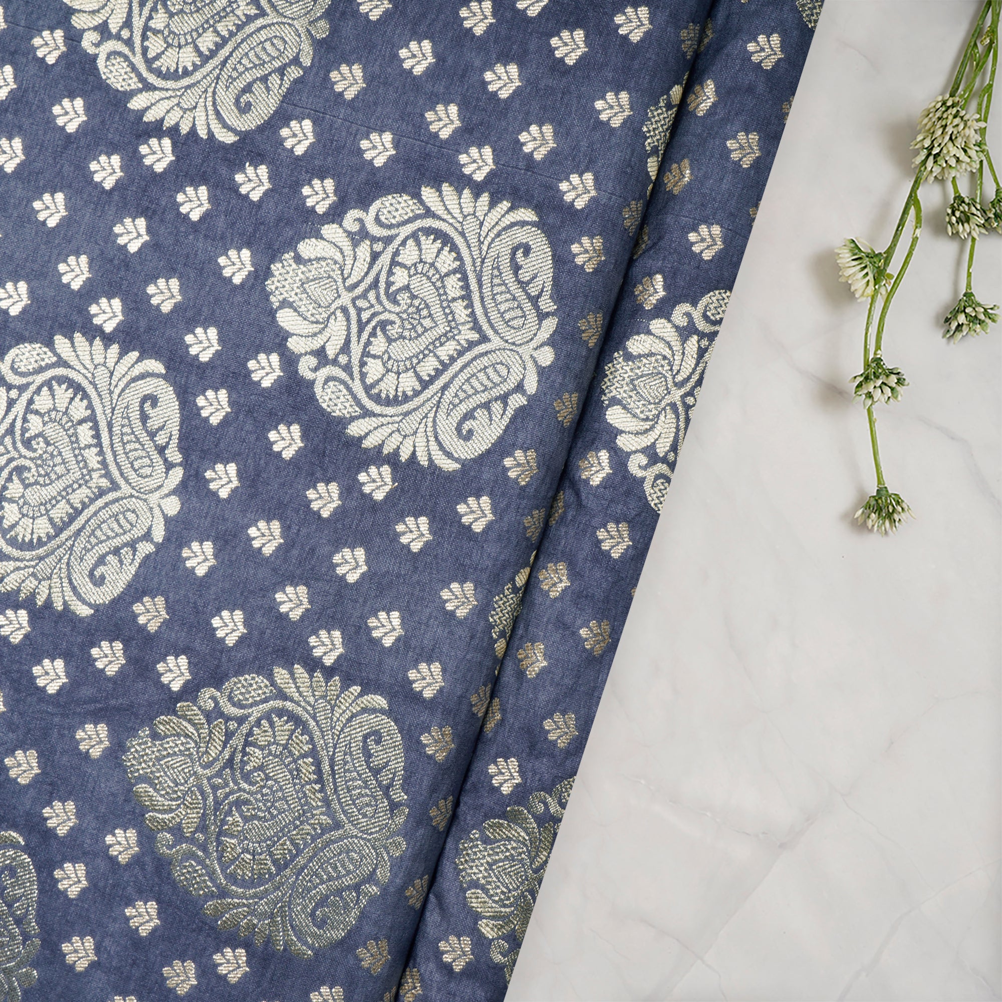 (Pre-Cut 0.50 Mtr)Marlin Floral Booti Pattern Blended Banarasi Brocade Fabric