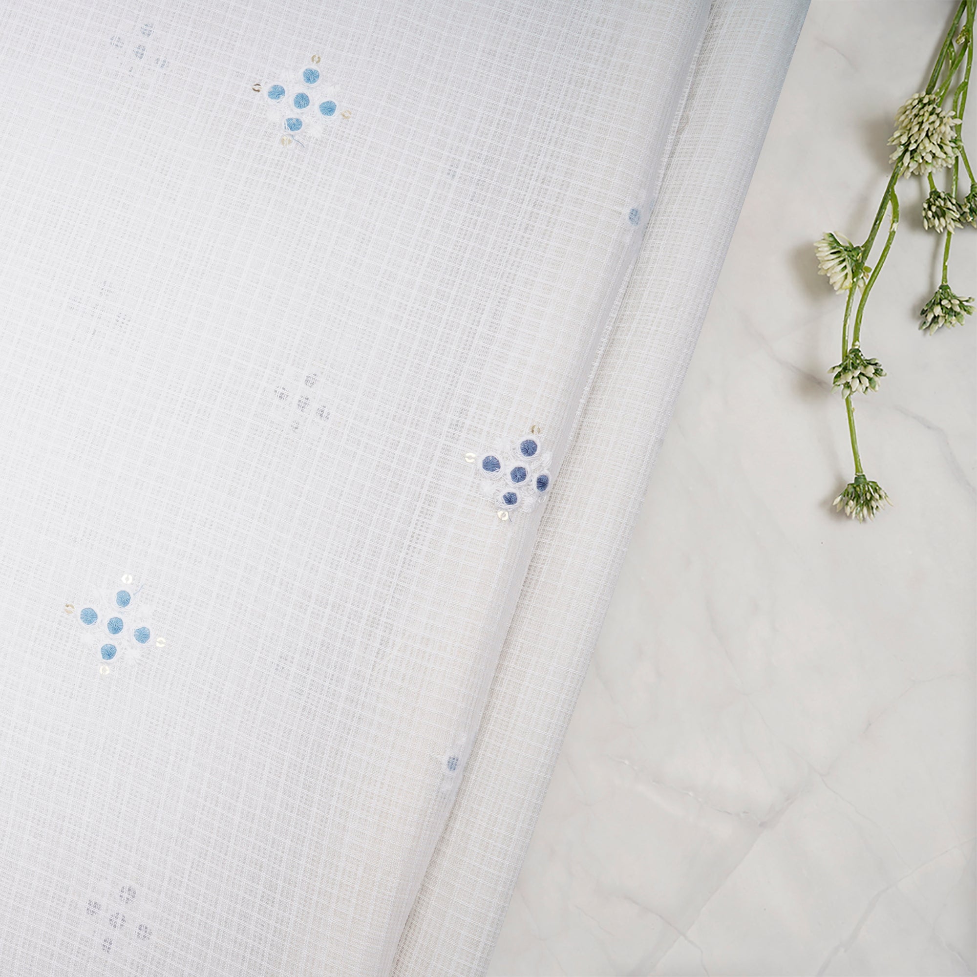 (Pre-Cut 1.30 Mtr)White-Blue All-Over Pattern Thread and Sequins Embroidered Kota Cotton Fabric