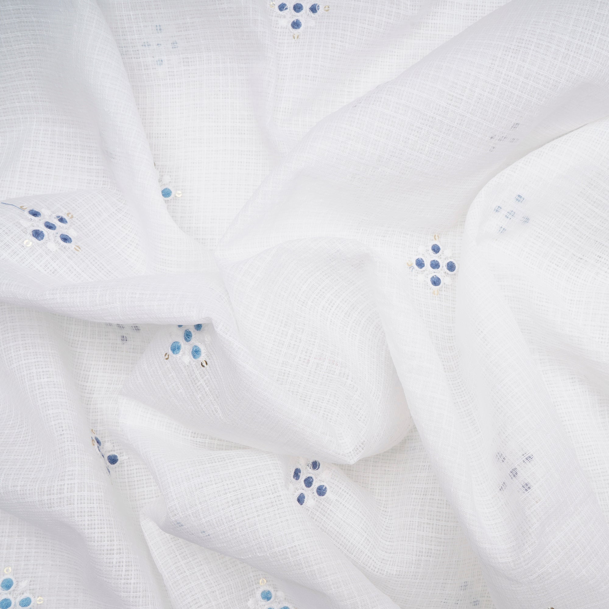 (Pre-Cut 1.30 Mtr)White-Blue All-Over Pattern Thread and Sequins Embroidered Kota Cotton Fabric
