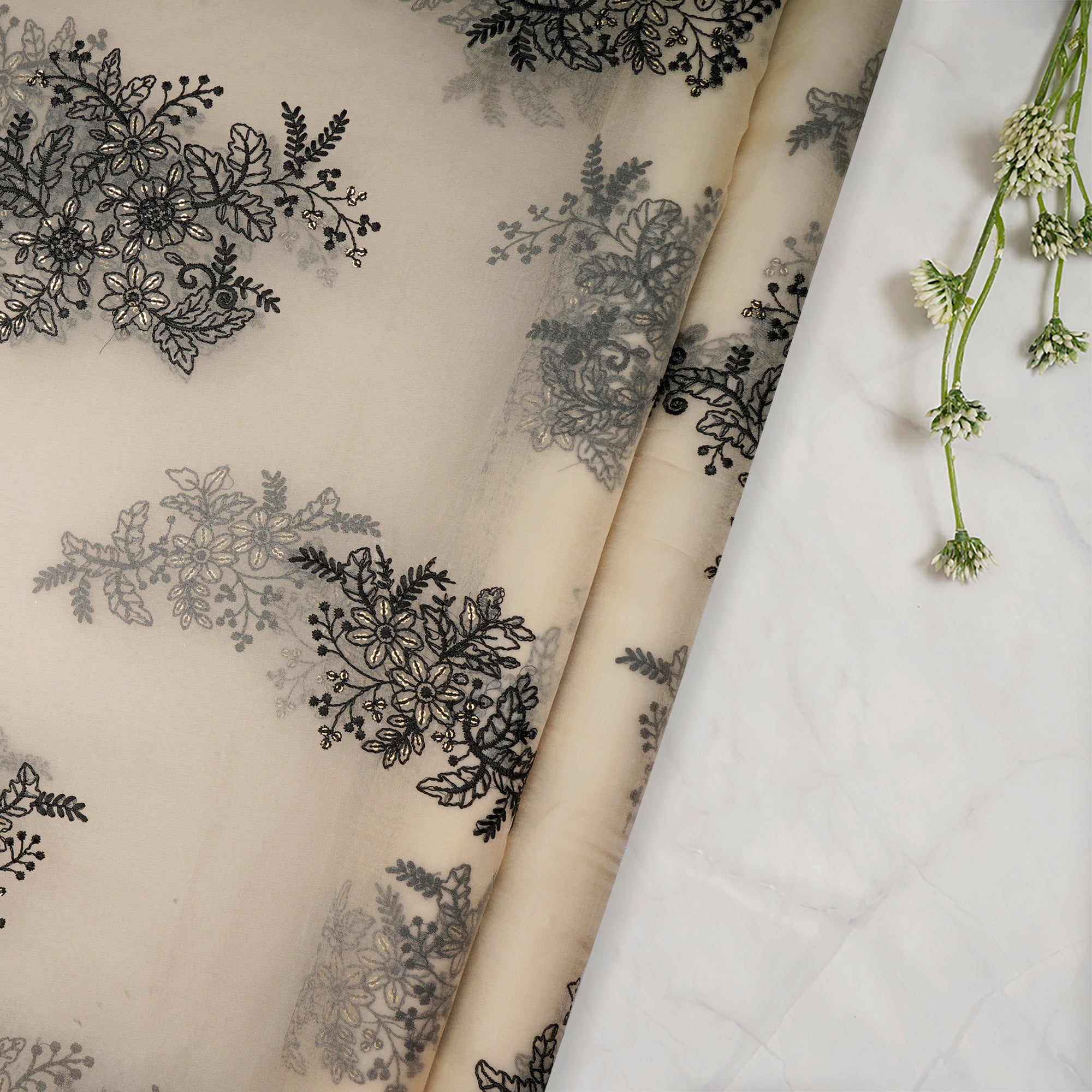 (Pre-Cut 1.20 Mtr)Off-White Dyeable Floral Motif Pattern Thread &Sequins Embroidered Organza Fabric
