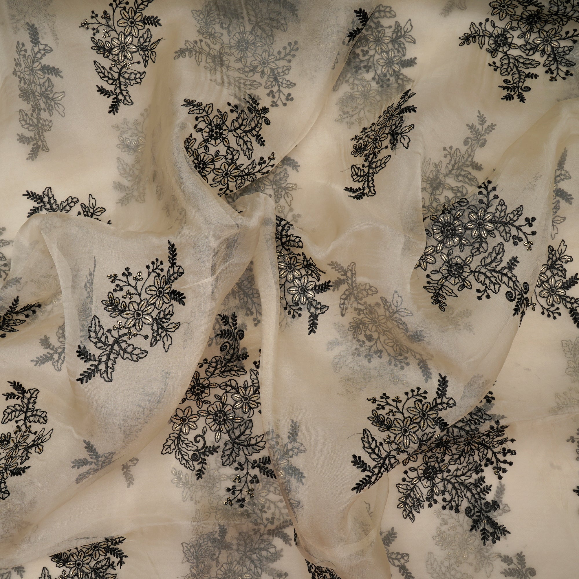 (Pre-Cut 1.20 Mtr)Off-White Dyeable Floral Motif Pattern Thread &Sequins Embroidered Organza Fabric