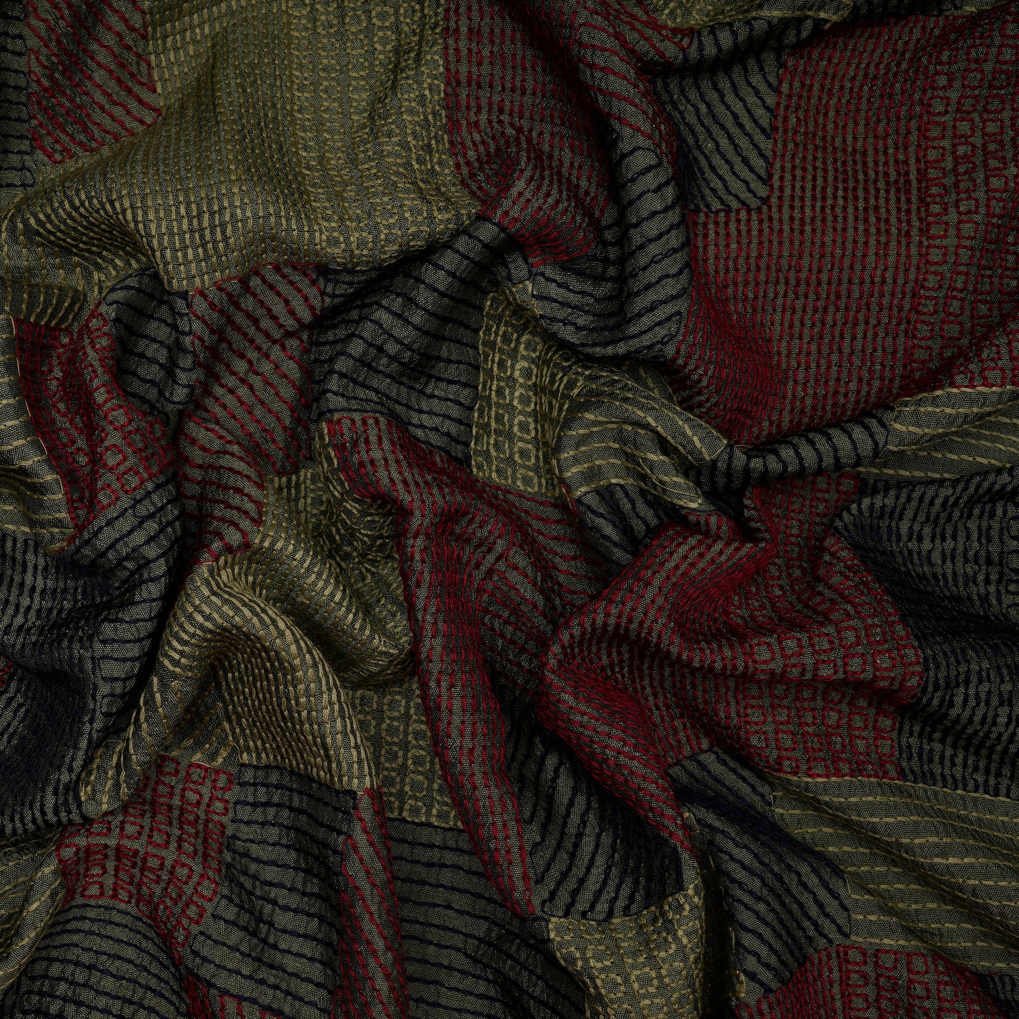 (Pre-Cut 3.70 Mtr)Mehendi Geometric Pattern Thread Embroidered Bemberg Viscose Fabric