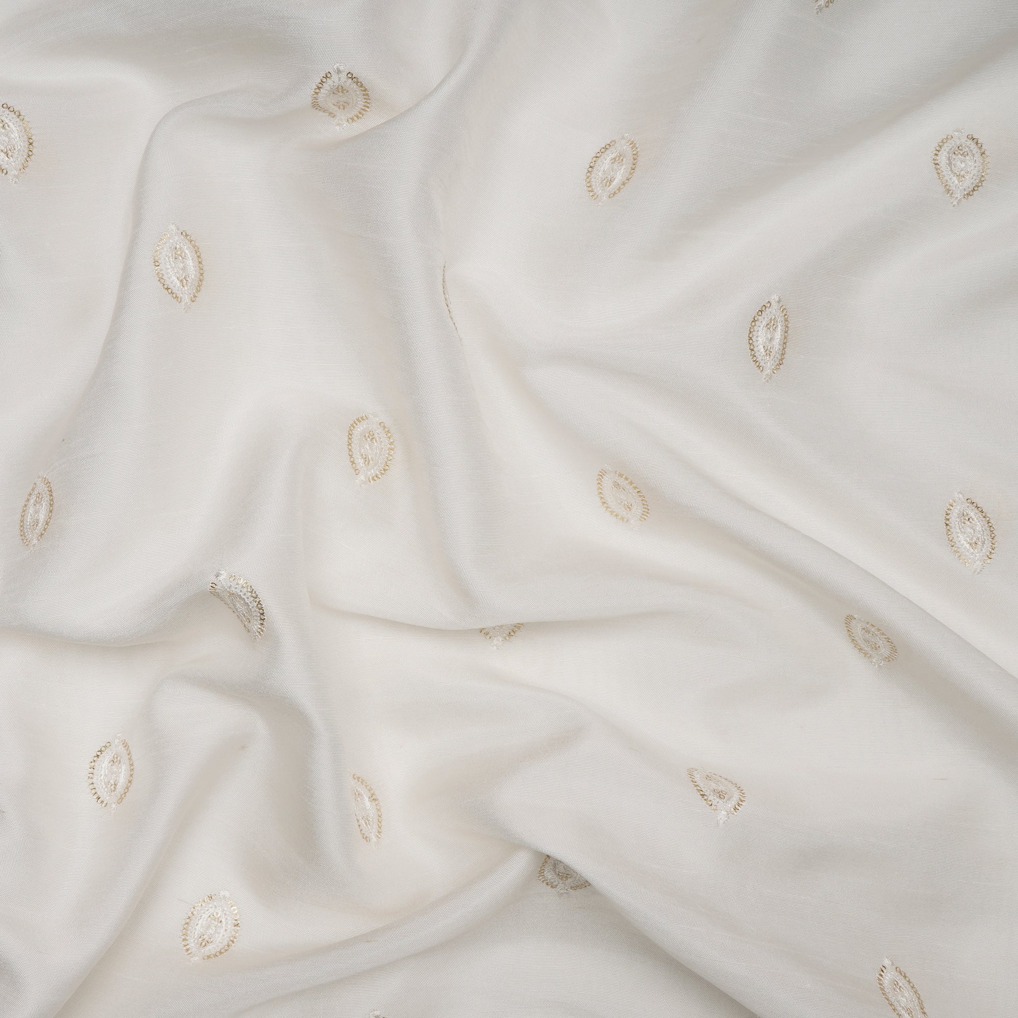 (Pre-Cut 4.10 Mtr)White Dyeable Traditional Pattern Embroidered with Thread sequine Mysore Silk Fabric