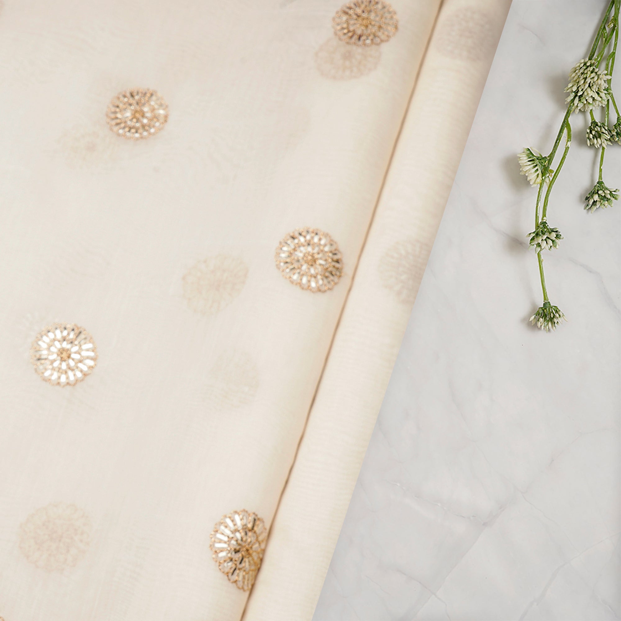 (Pre-Cut 2.70 Mtr)Off White Dyeable Booti Pattern Zari Embroidered Chanderi Fabric