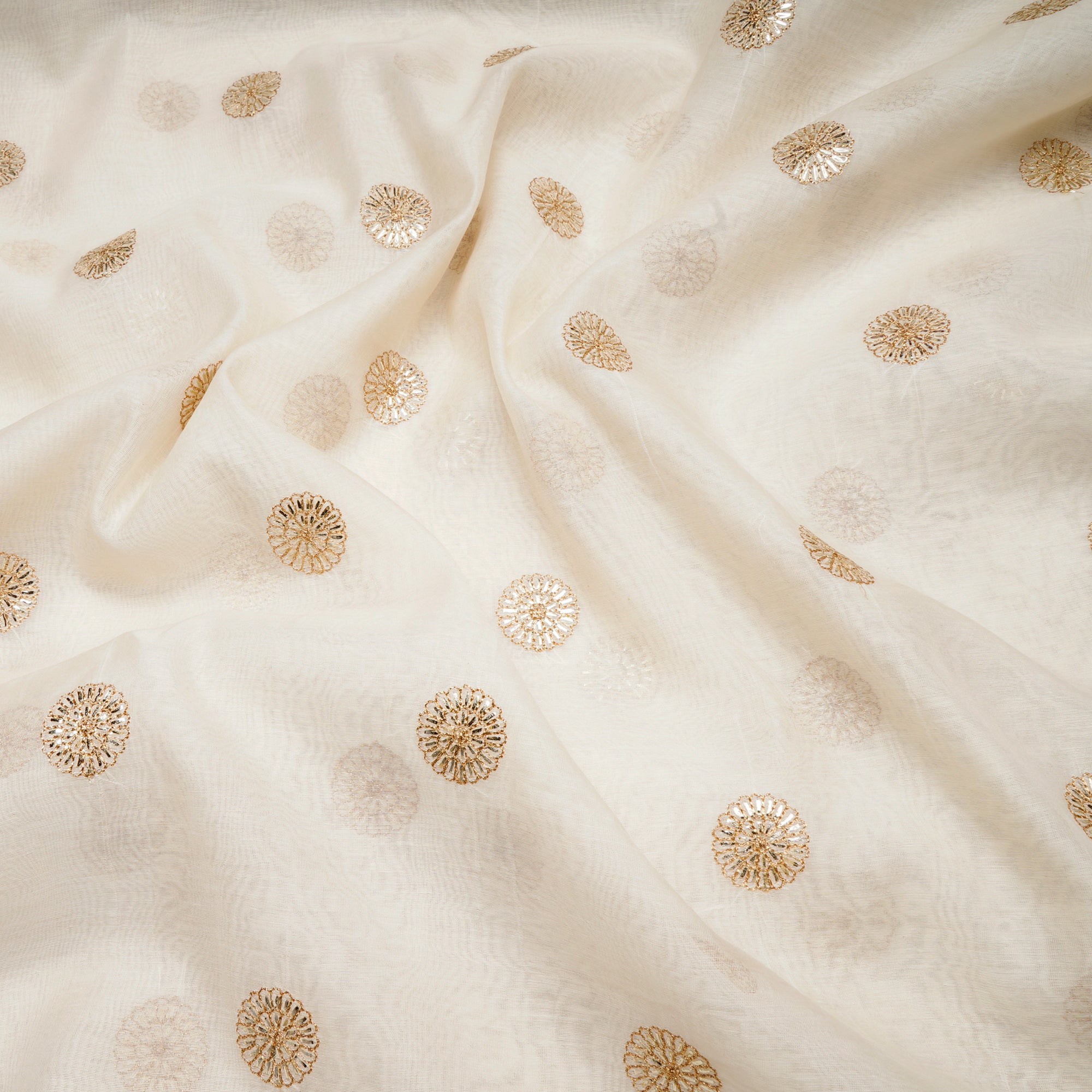 (Pre-Cut 2.70 Mtr)Off White Dyeable Booti Pattern Zari Embroidered Chanderi Fabric