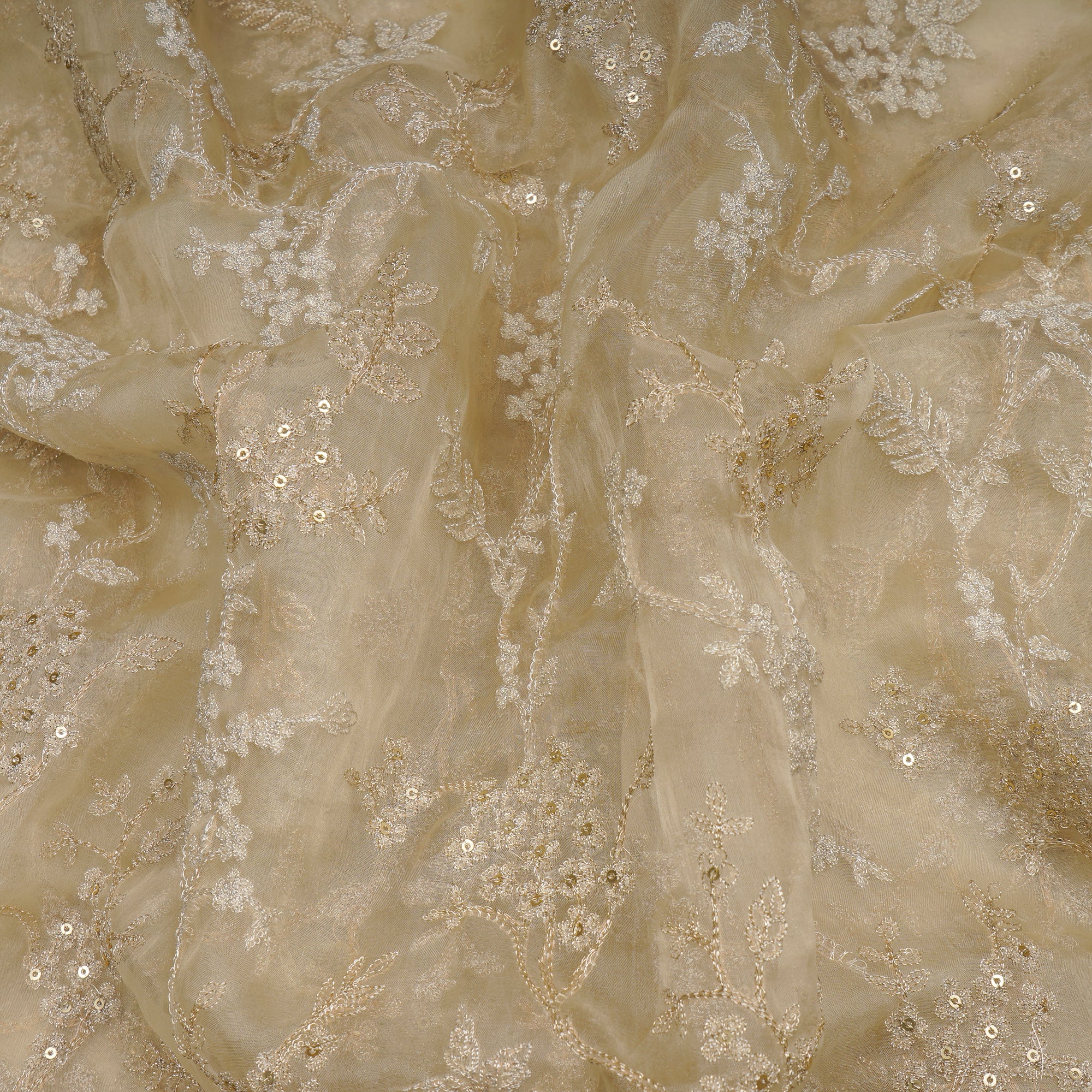 (Pre-Cut 1.00 Mtr)Pear Sorbet All Over Pattern Thread & Sequin Embroidered Organza Silk Fabric