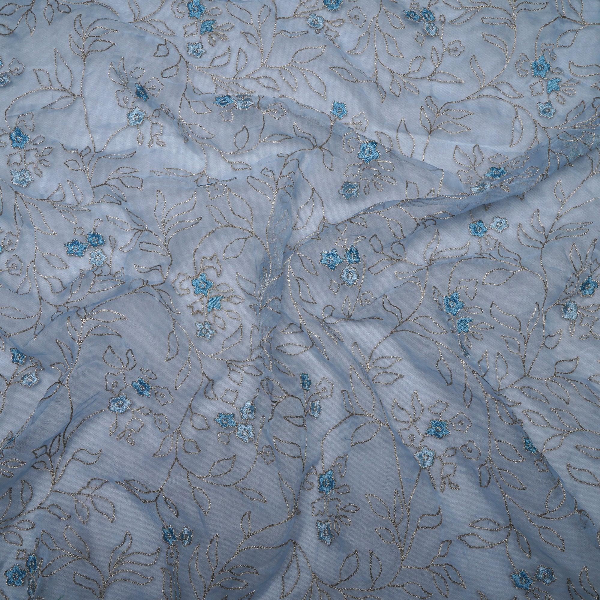 (Pre-Cut 1.60 Mtr) Blue Color Embroidered Fine Chanderi Fabric