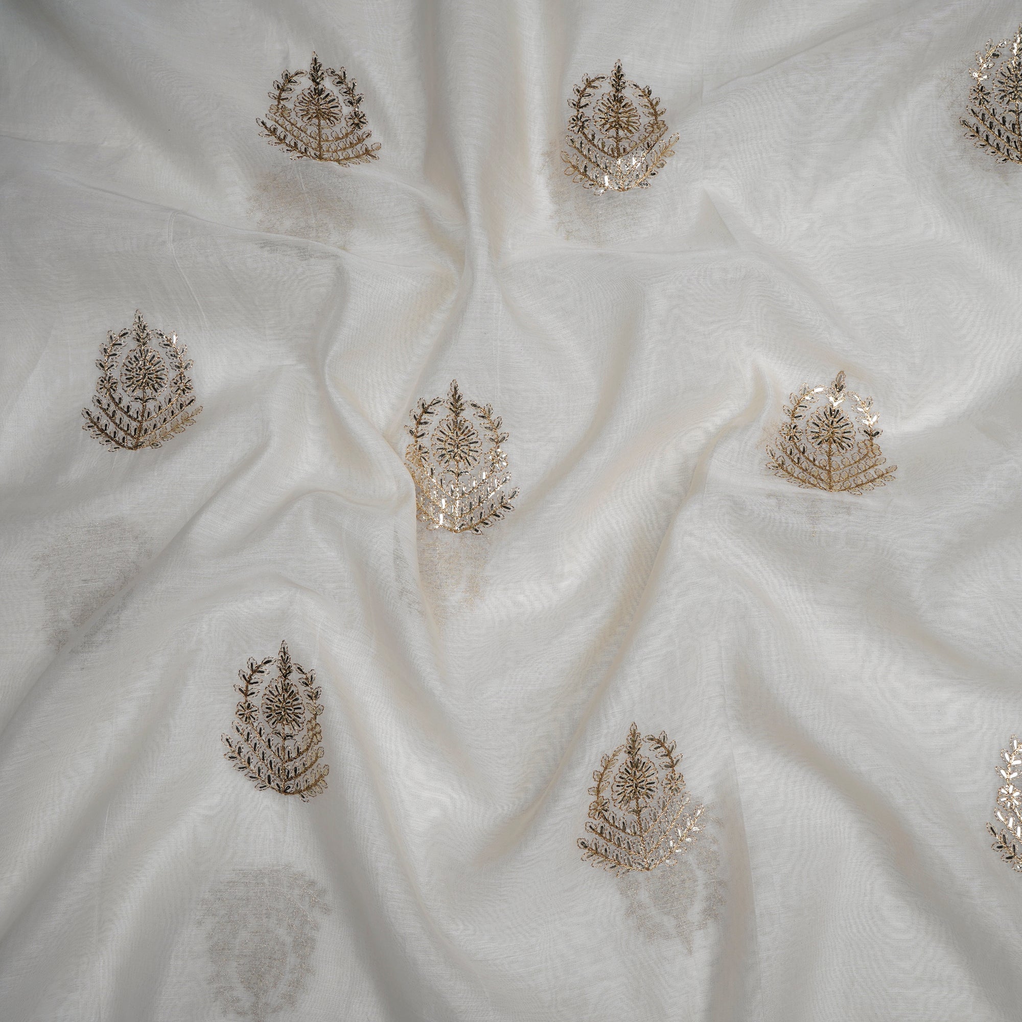 (Pre-Cut 2.50 Mtr)Off White Dyeable Motif Pattern Embroidered Chanderi Fabric