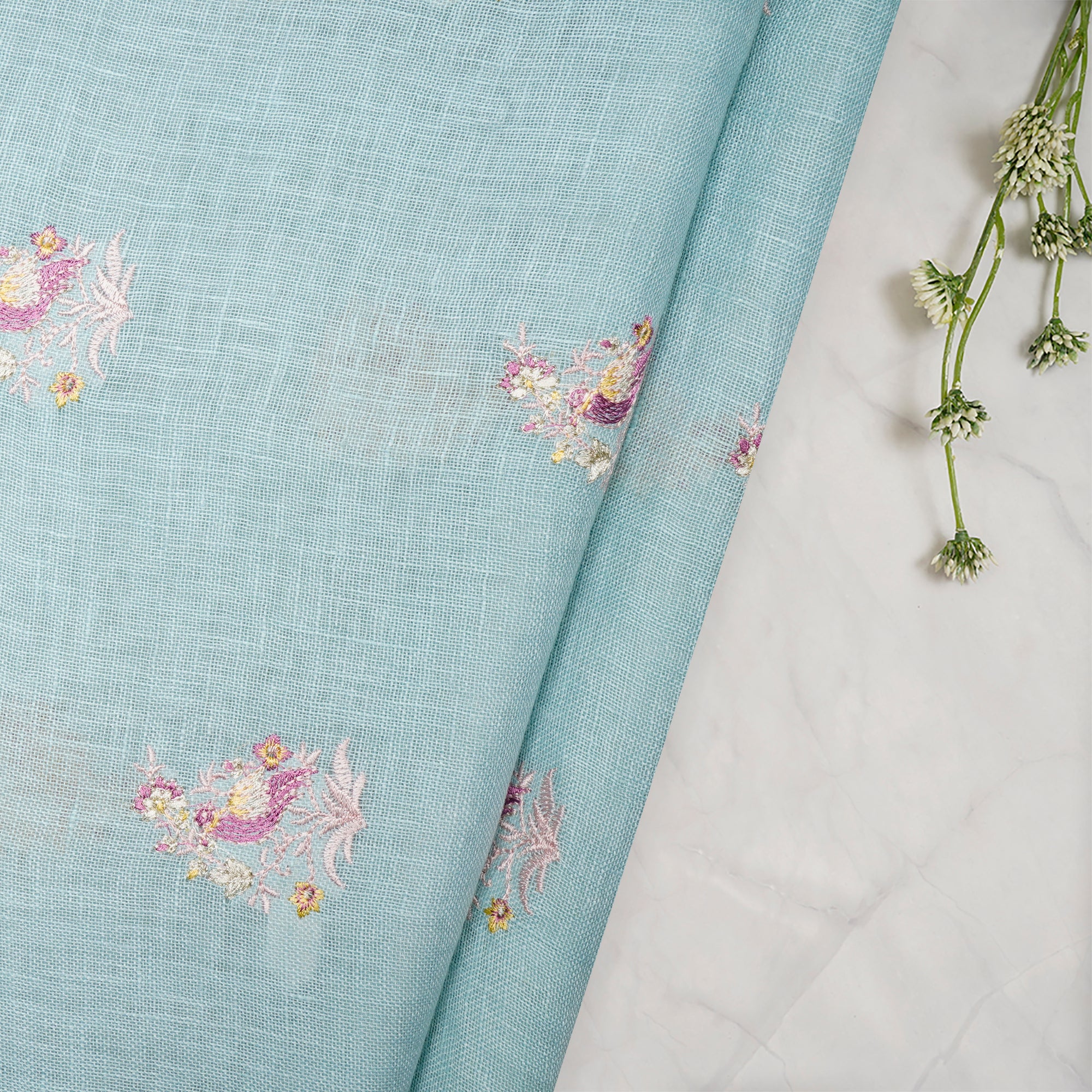 (Pre-Cut 1.90 Mtr)Light Blue Color Embroidered Linen Fabric