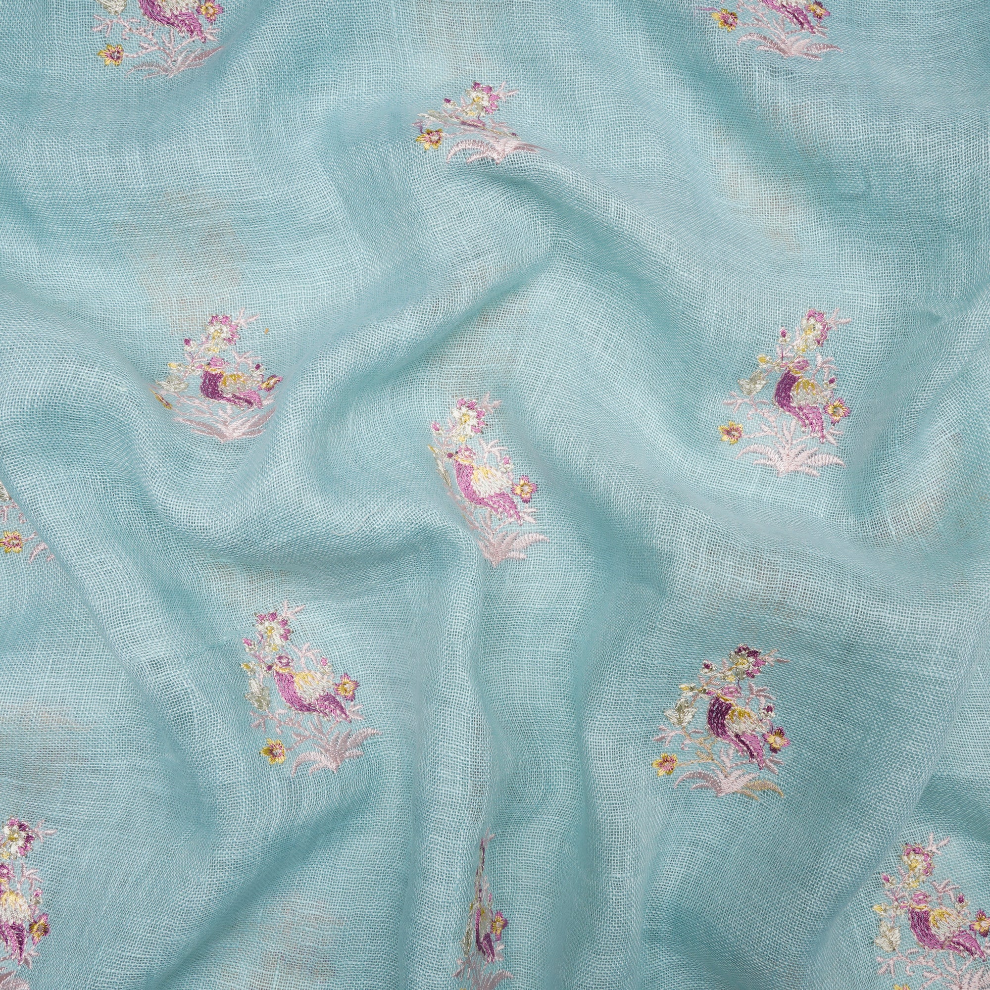 (Pre-Cut 1.90 Mtr)Light Blue Color Embroidered Linen Fabric