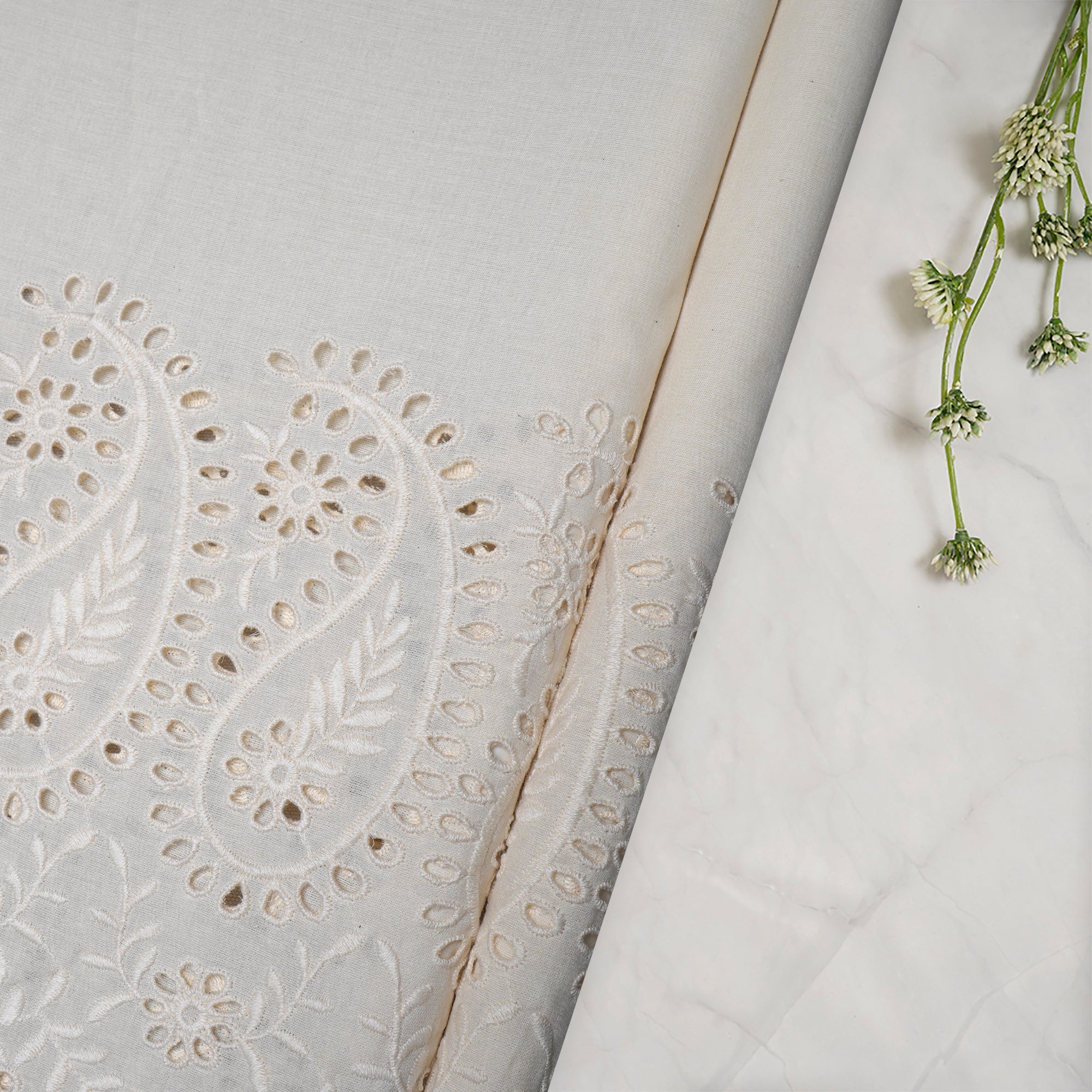 (Pre-Cut 1.40 Mtr)Off White Schiffli Embroidered Cotton Fabric