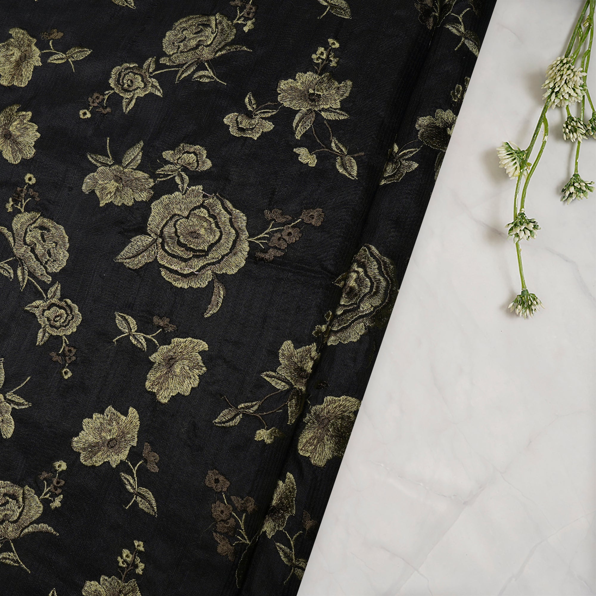 (Pre-Cut 2.30 Mtr) Black Floral Pattern Thread Embroidered Raw Silk Fabric