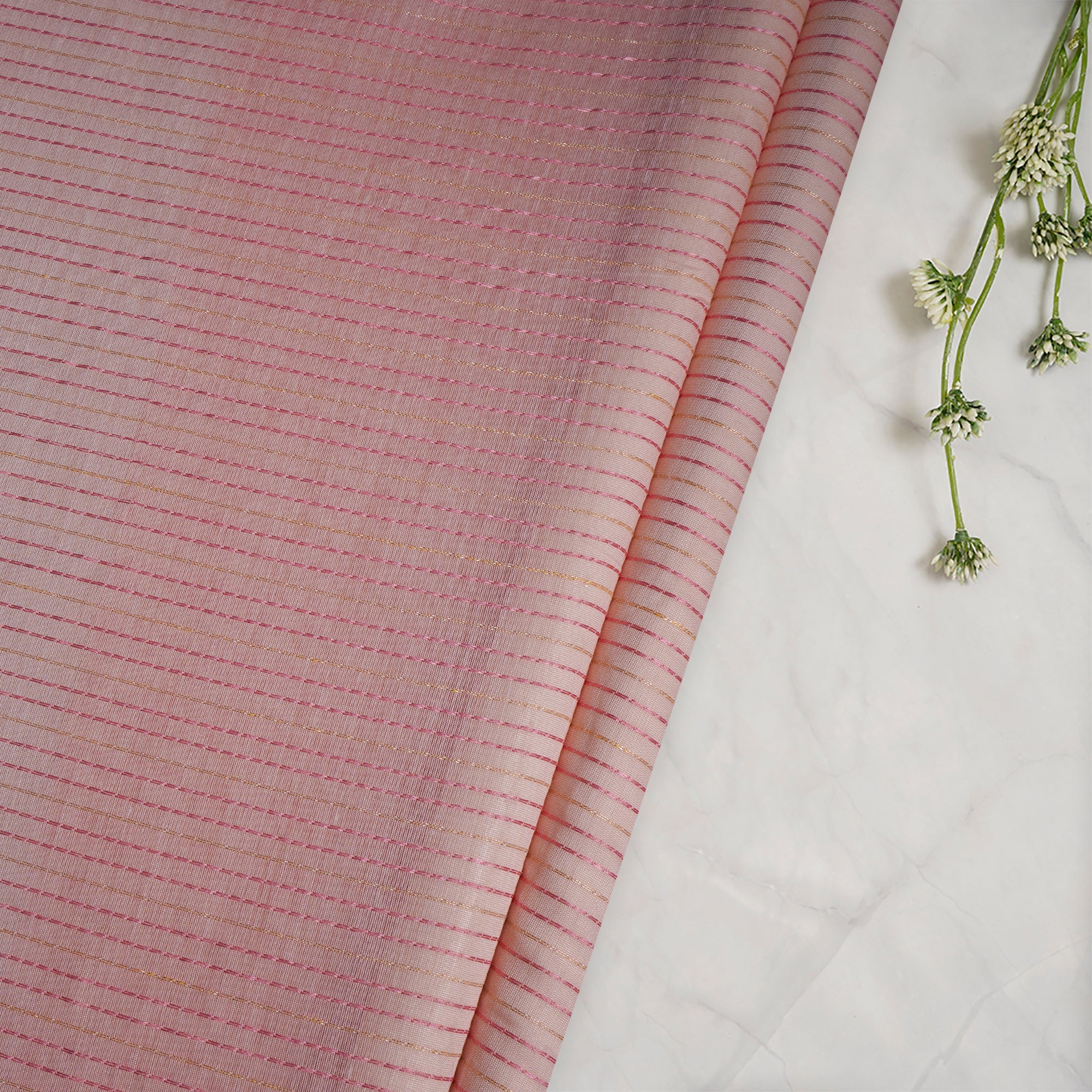(Pre-Cut 1.00 Mtr)Peach Color Lurex Striped Fancy Chanderi Fancy Fabric