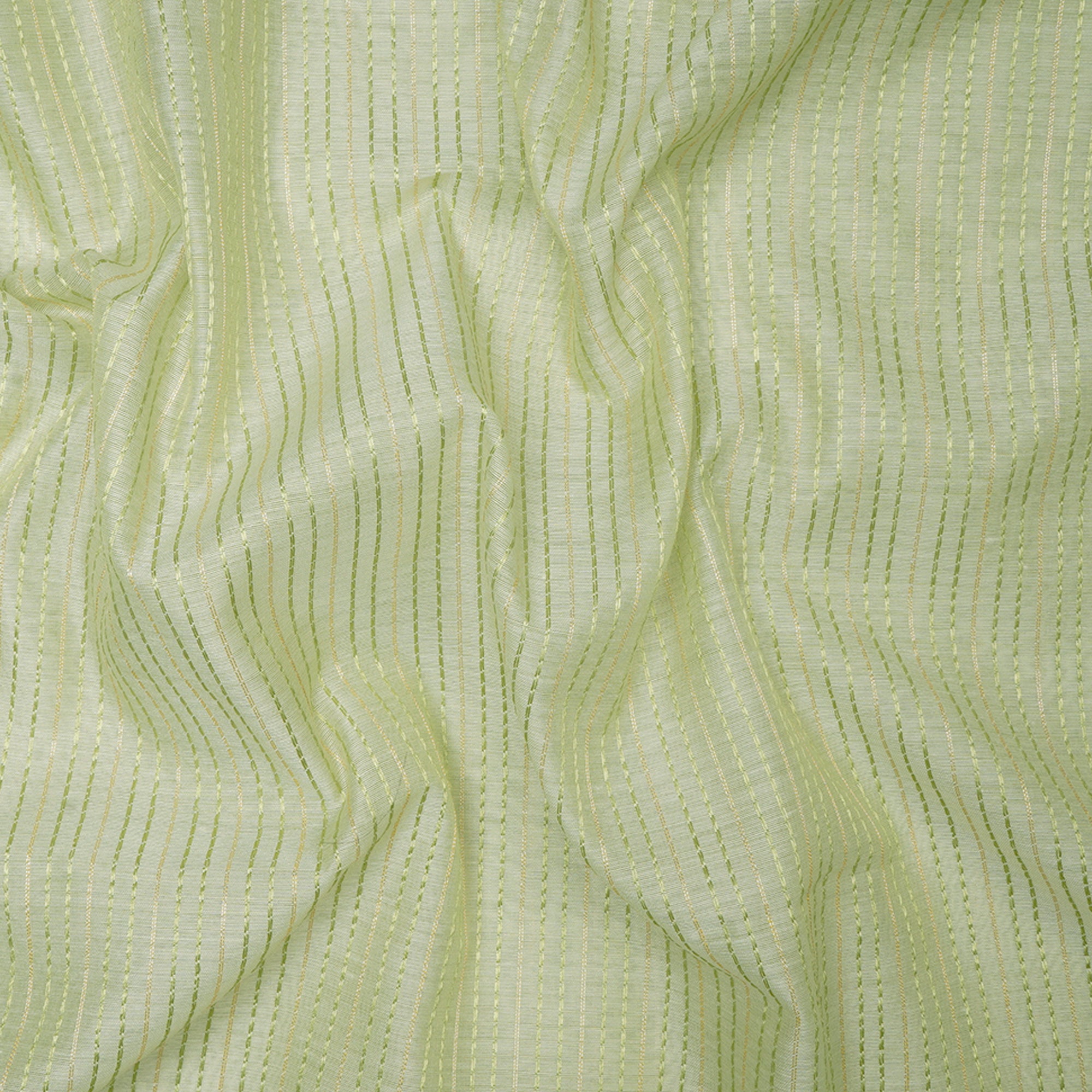 (Pre-Cut 2.00 Mtr)Green Color Lurex Striped Chanderi Fancy Fabric