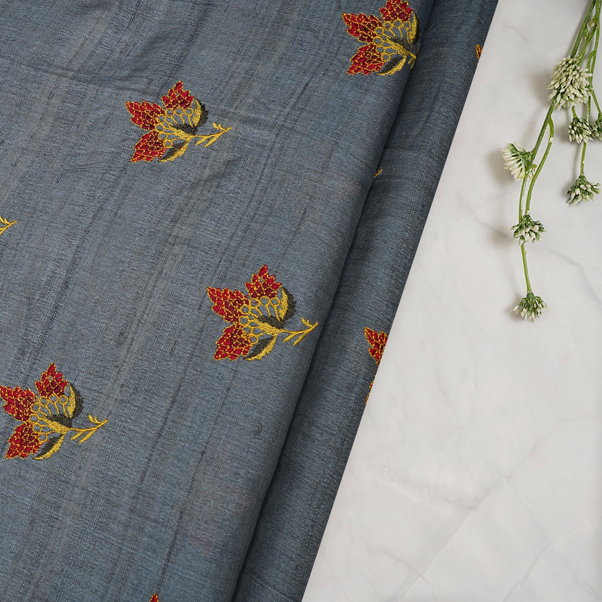 (Pre-Cut 5.00Mtr)Grey-Red Color Embroidered Tussar Silk Fabric