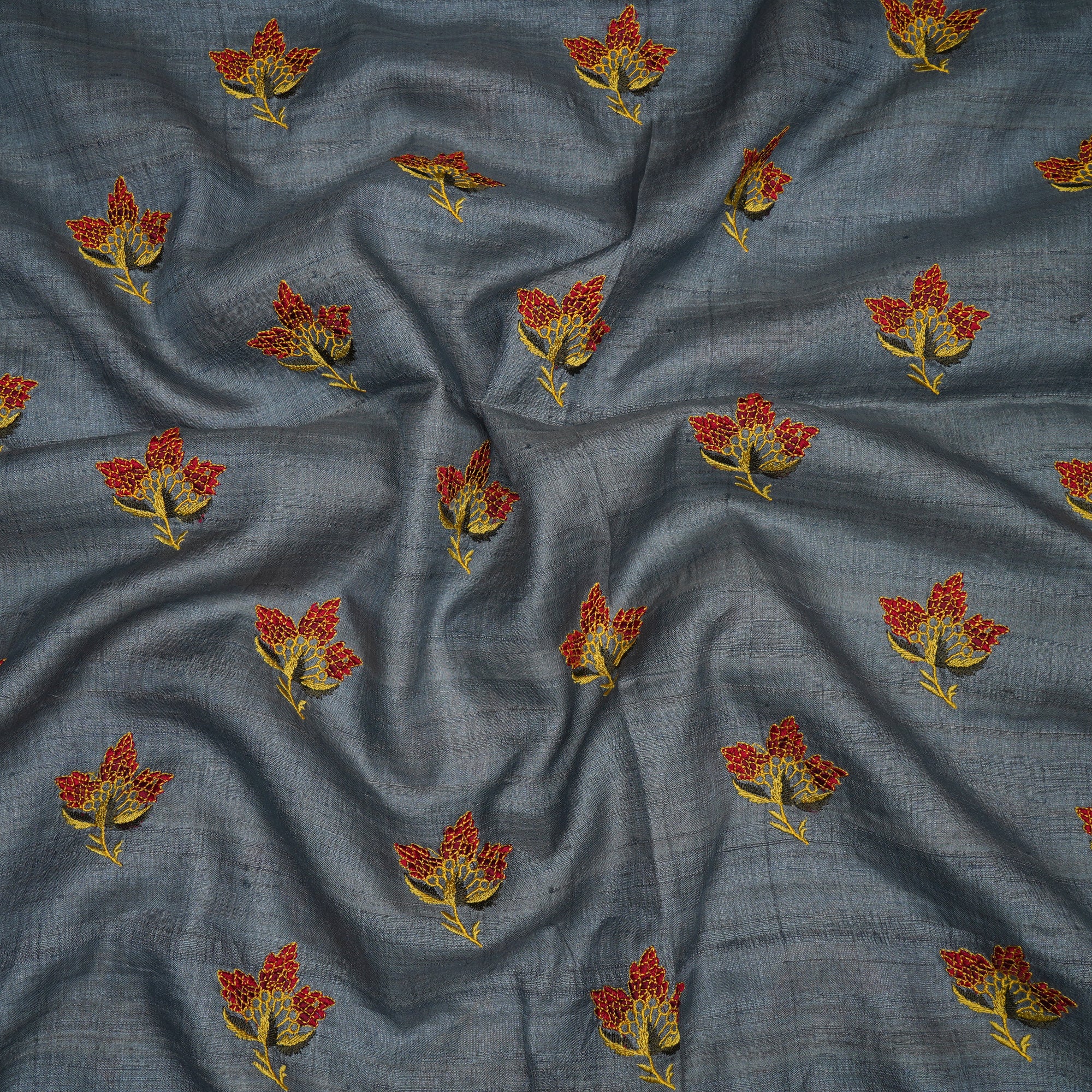 (Pre-Cut 5.00Mtr)Grey-Red Color Embroidered Tussar Silk Fabric