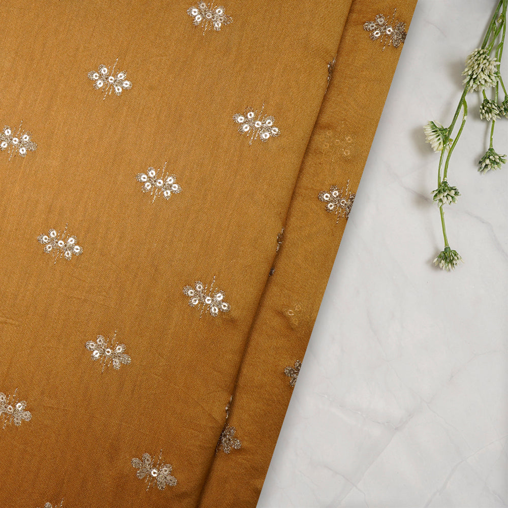 (Pre-Cut 3.90 Mtr)Golden Color Embroidered Pure Rapier Chanderi Fabric With Sequins