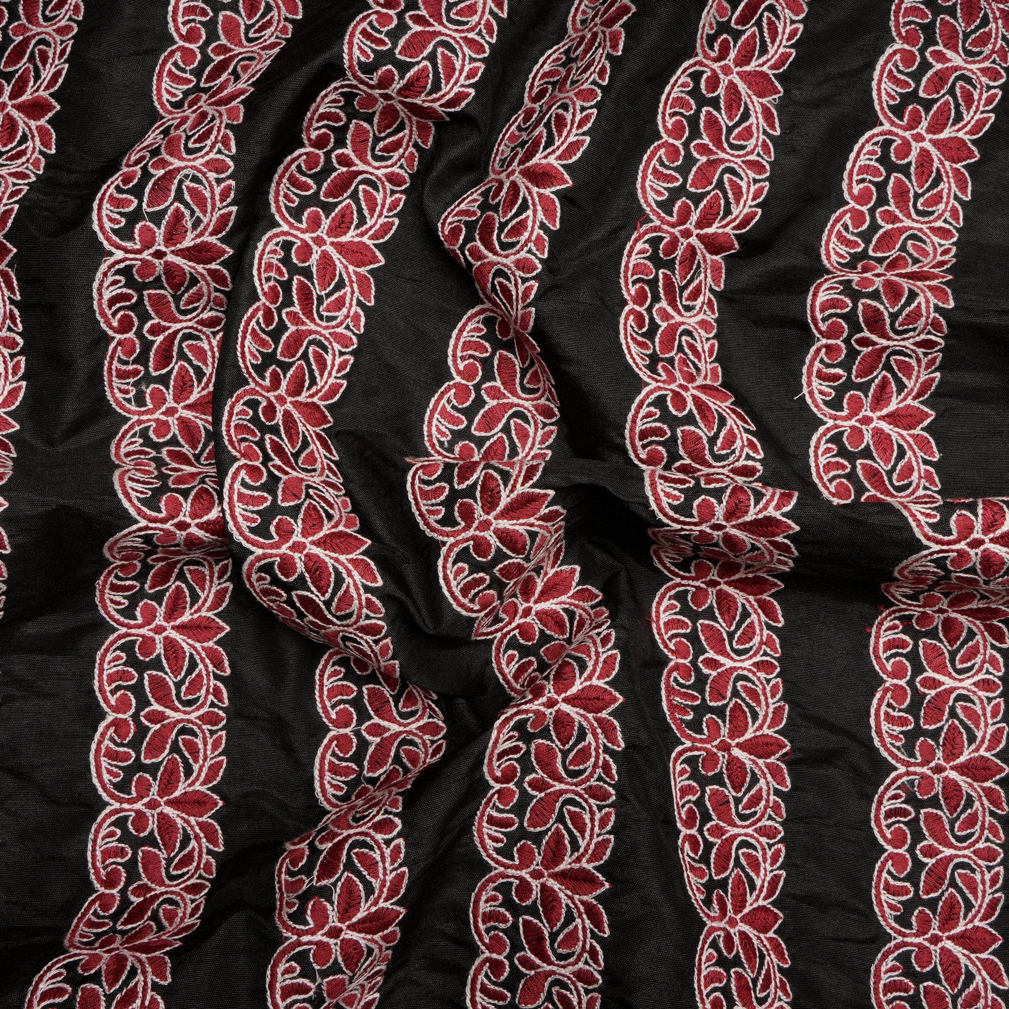 (Pre-Cut 1.50 Mtr)Black Stripe Pattern Embroidered Polyester Fabric