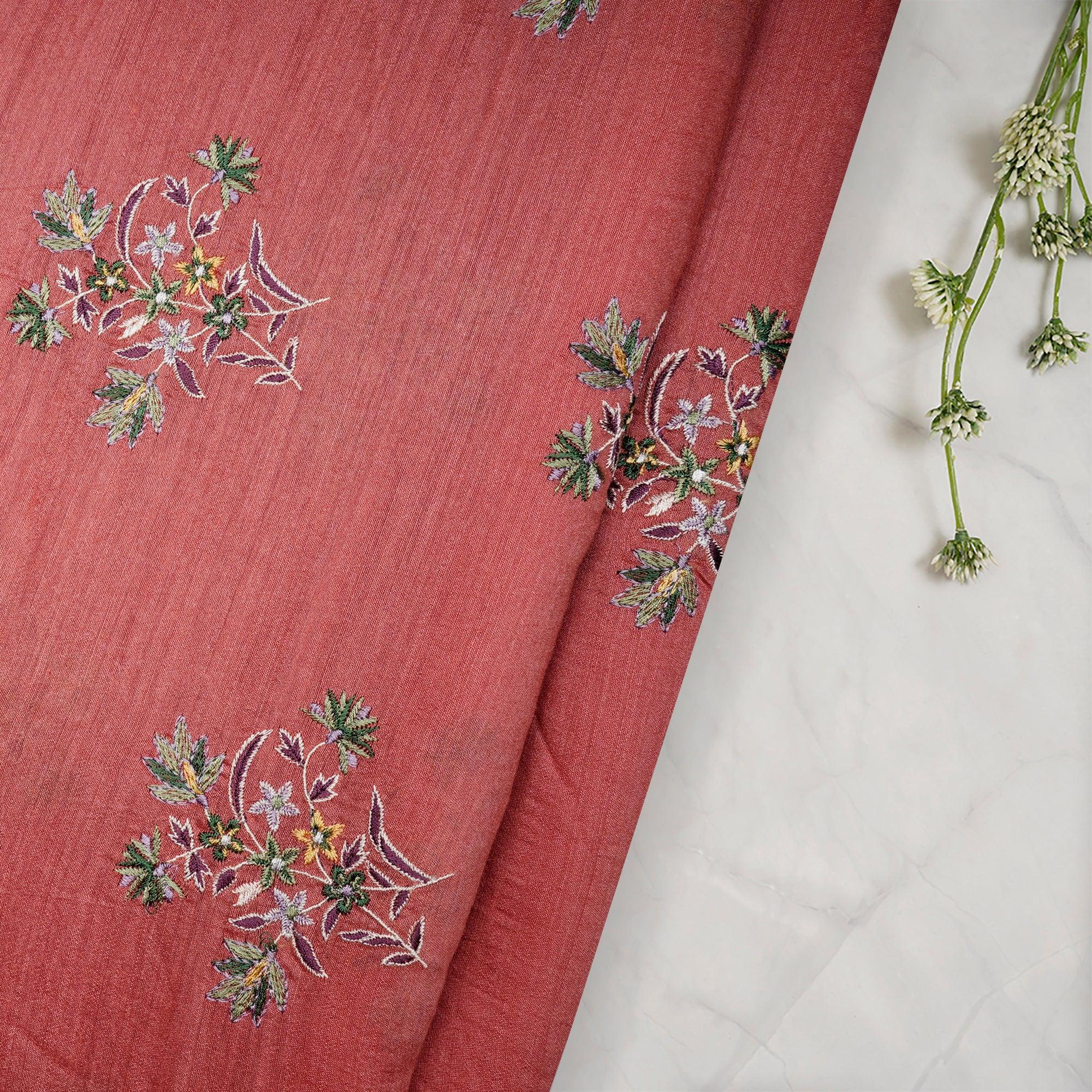 (Pre-Cut 1.45 Mtr)Spiced coral Motif Pattern Thread Embroidered Muga Silk Fabric