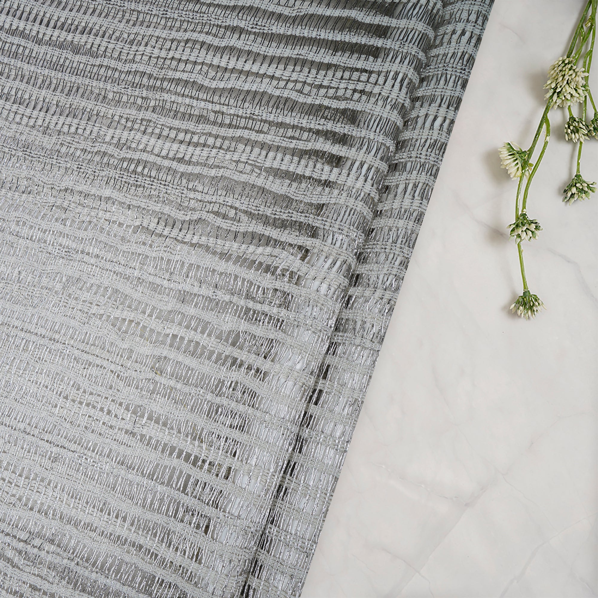 (Pre-Cut 2.50 Mtr)White Stripe Pattern Metalic Net Fabric
