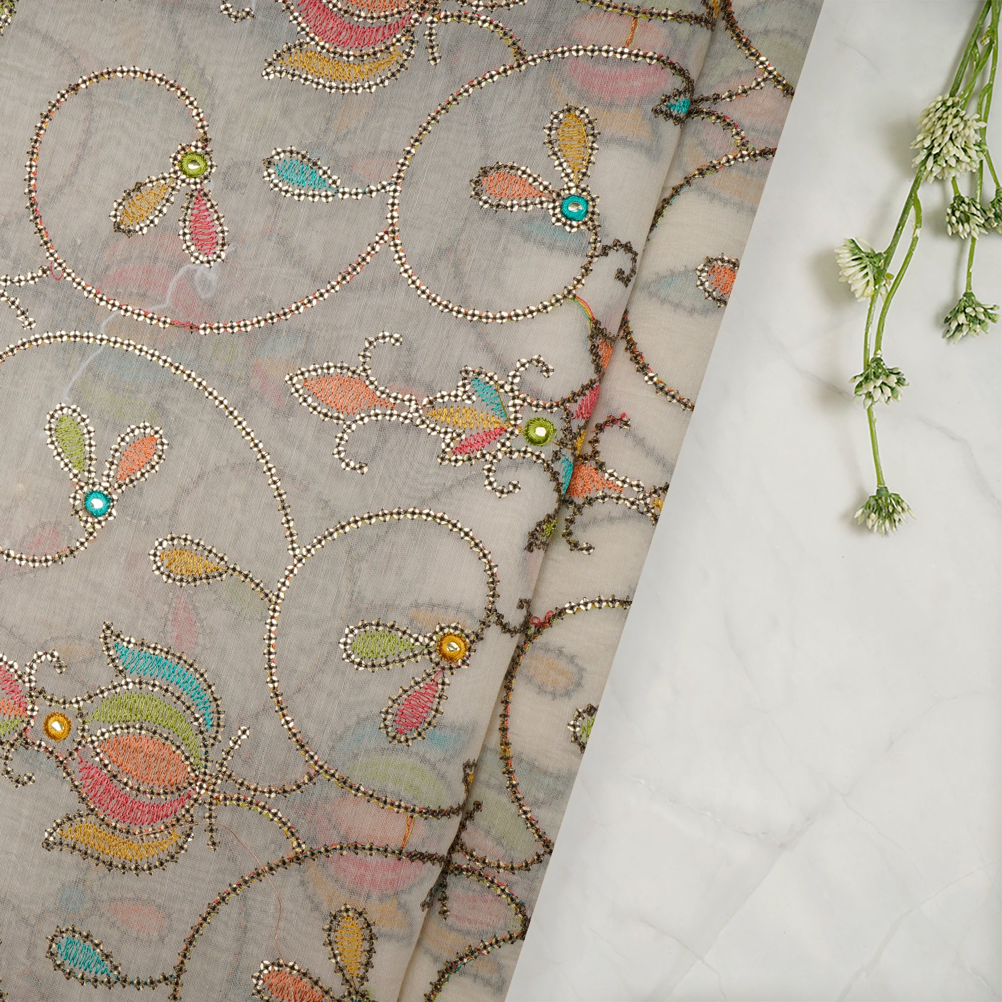 (Pre-Cut 1.50 Mtr)Off White with Multi Color All Over Pattern Embroidered Chanderi Fabric