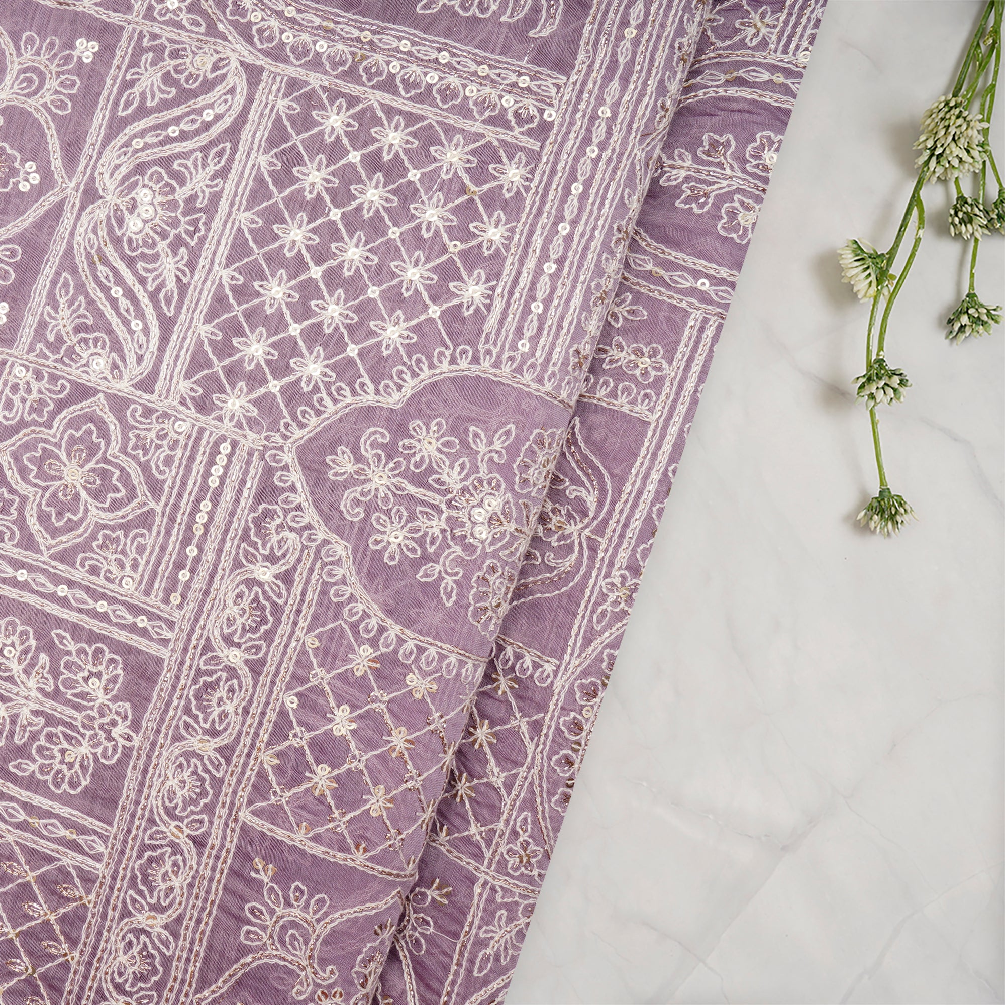 (Pre-Cut 0.90 Mtr)Lavender Herb All Over Mughal Pattern Thread & Sequins Embroidered Chanderi Fabric