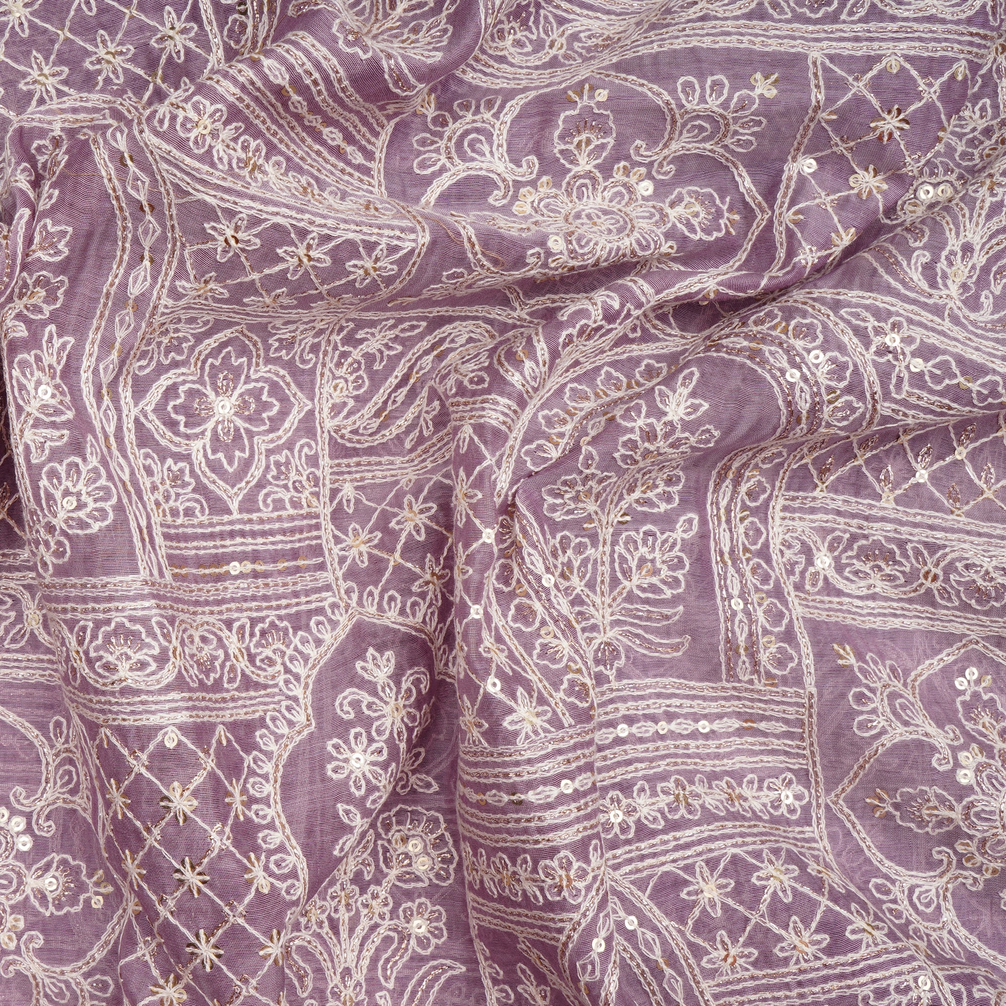 (Pre-Cut 0.90 Mtr)Lavender Herb All Over Mughal Pattern Thread & Sequins Embroidered Chanderi Fabric