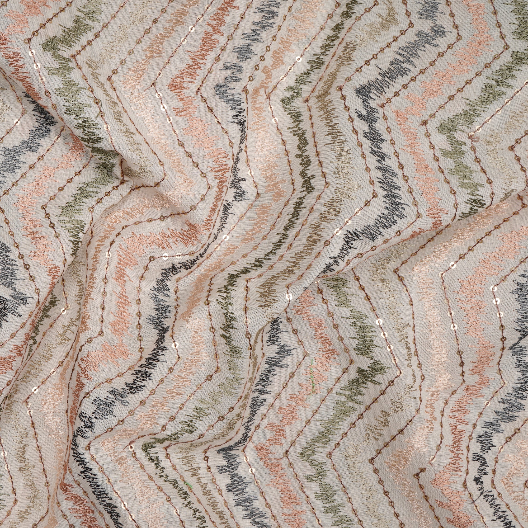 (Pre-Cut 1.40 Mtr)Cream Base with Multi Thread Geometric Pattern Embroidered Cotton Fabric