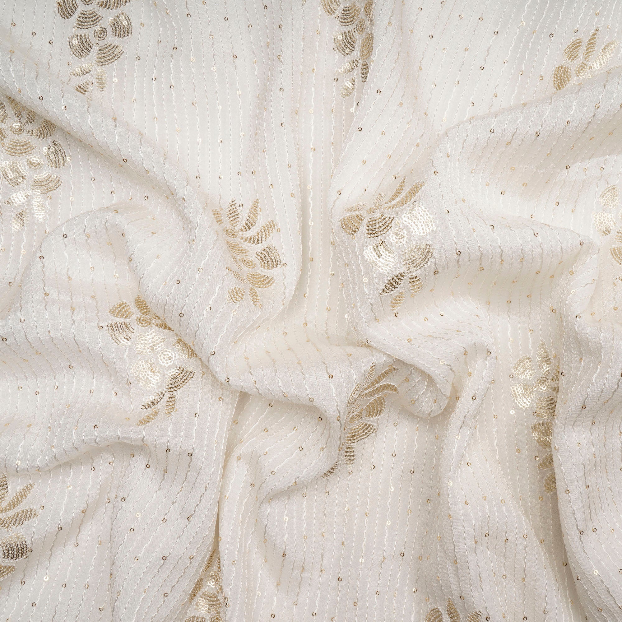 (Pre-Cut 0.90 Mtr)White Dyeable Motif Pattern Thread & Sequin Embroidered Wrinkle Chinnon Fabric