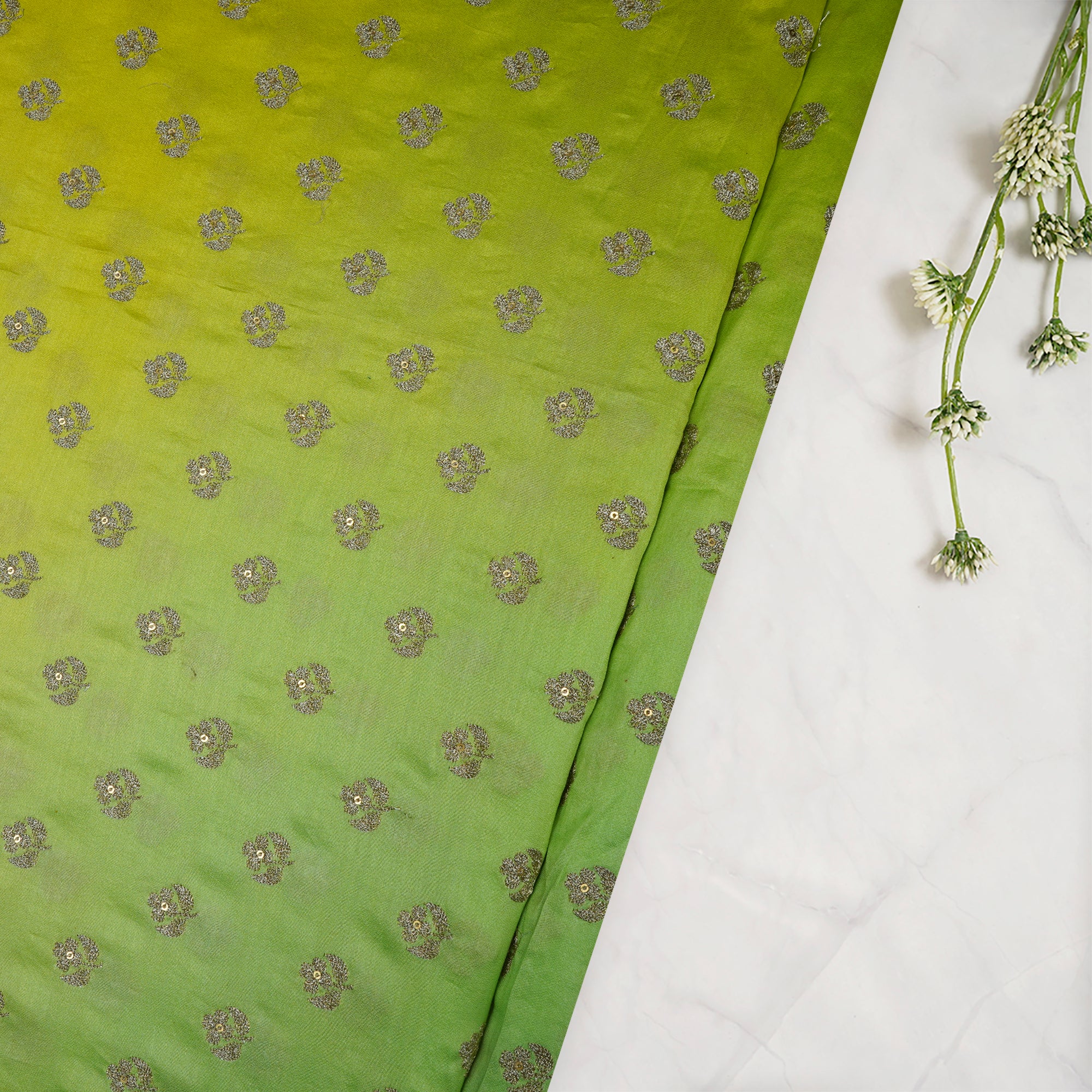 (Pre-Cut 2.00 Mtr)Yellow-Green Booti Pattern Thread Embroidered Chanderi Fabric