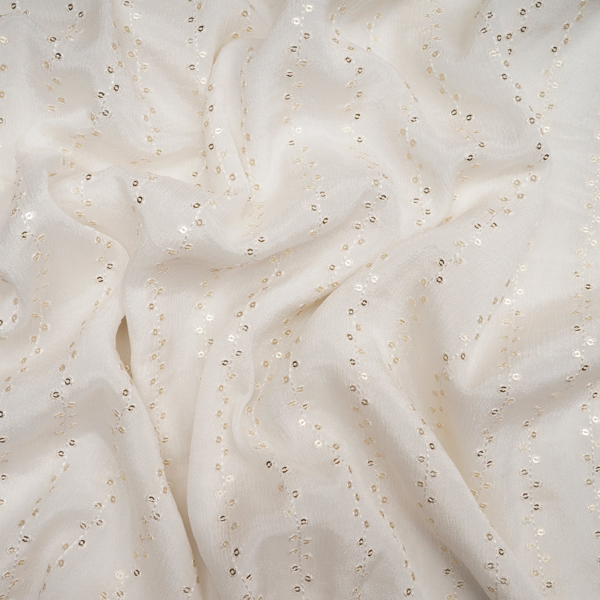 (Pre-Cut 2.00 Mtr)White Dyeable Stripe Pattern Thread & Sequin Embroidered Wrinkle Chinnon Fabric