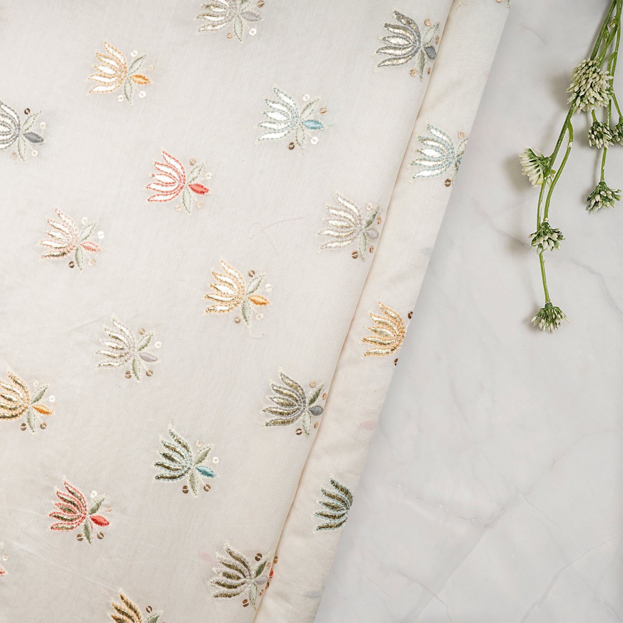 (Pre-Cut 1.80 Mtr)Off White Dyeable Booti Pattern Gota Patti Work Embroidered Chanderi Fabric