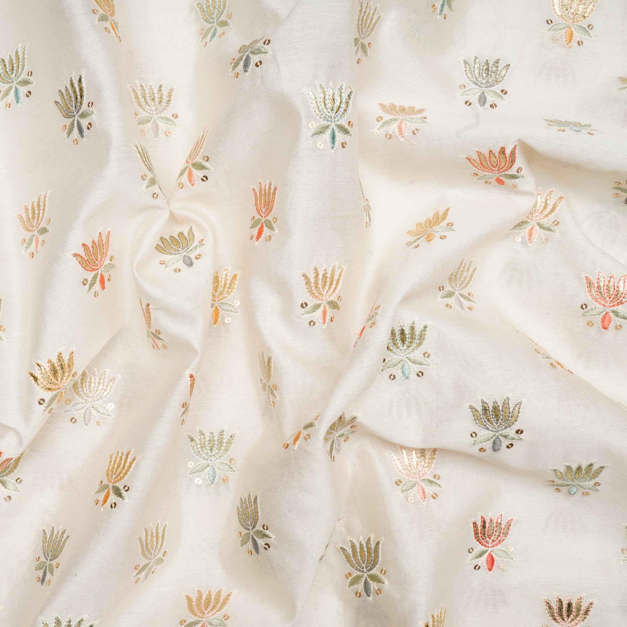 (Pre-Cut 1.80 Mtr)Off White Dyeable Booti Pattern Gota Patti Work Embroidered Chanderi Fabric