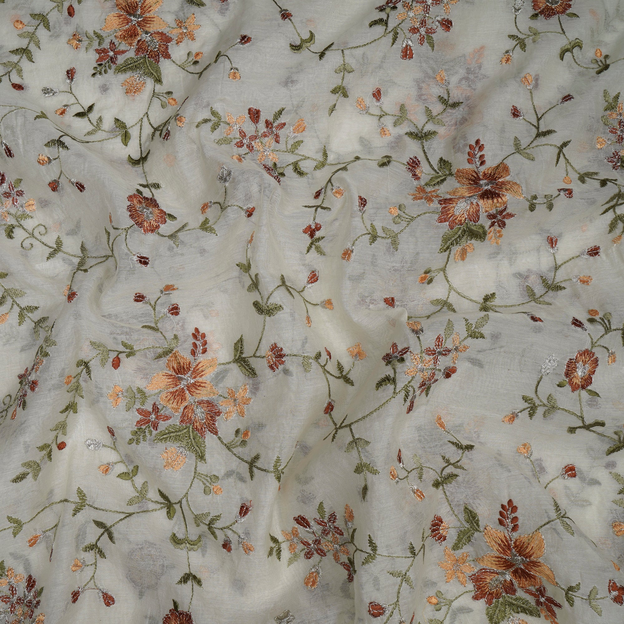 (Pre-Cut 2.10 Mtr)Off-White Dyeable Floral Pattern Embroidered Chanderi fabric