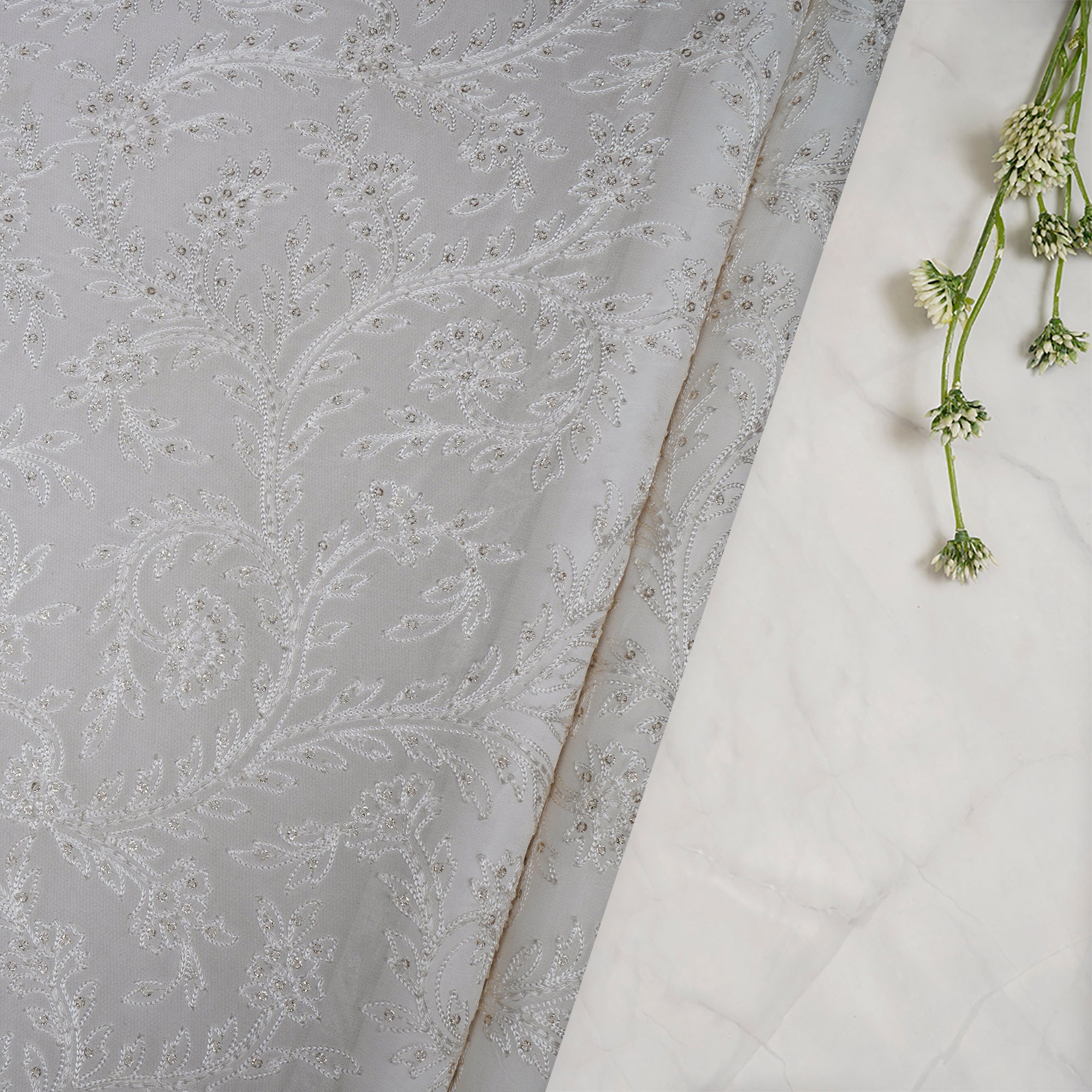 (Pre-Cut 1.40 Mtr)White All Over Pattern Thread & Sequins Embroidered Viscose Georgette Fabric