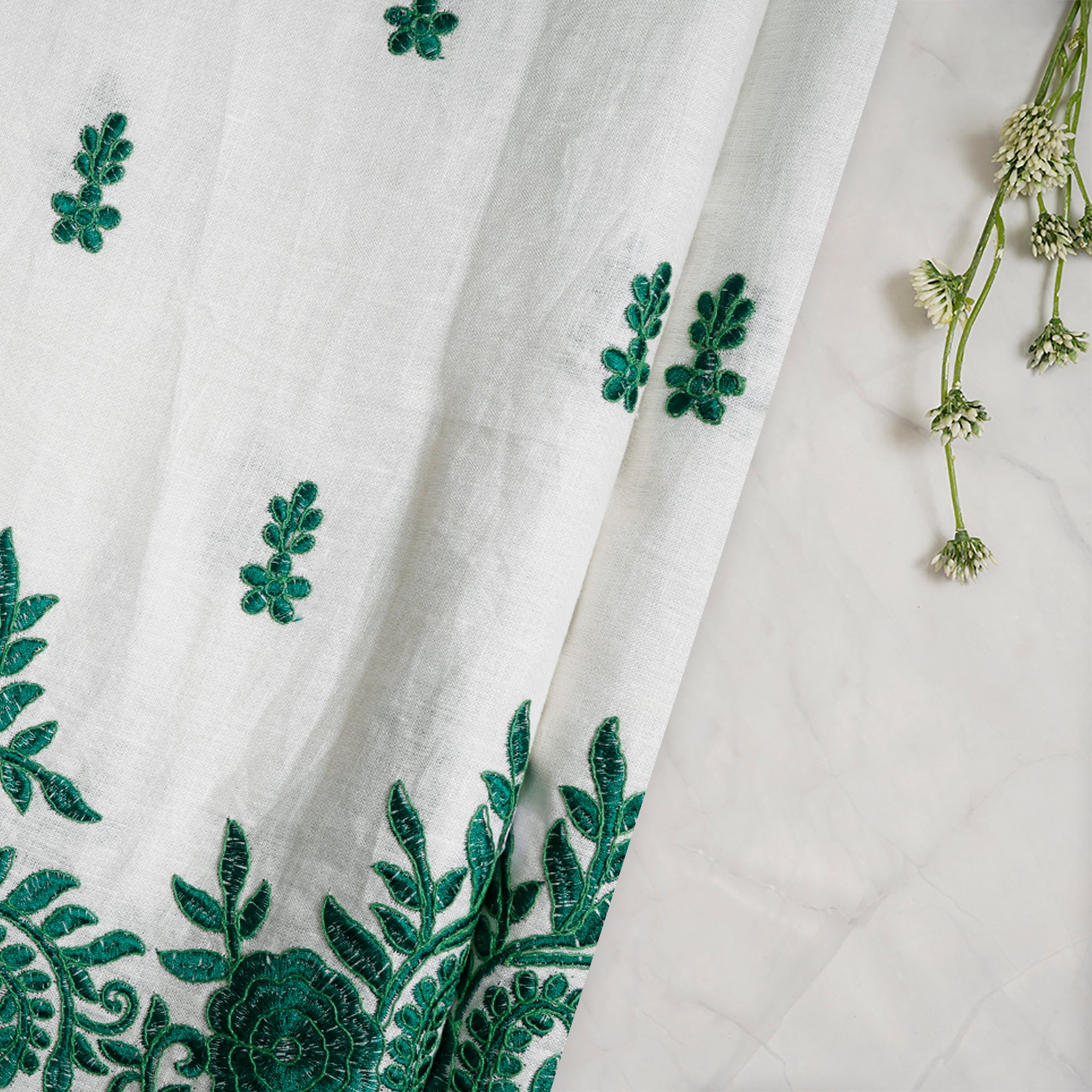 (Pre-Cut 2.00 Mtr)White-Green Color Embroidered Plain Lee Fabric