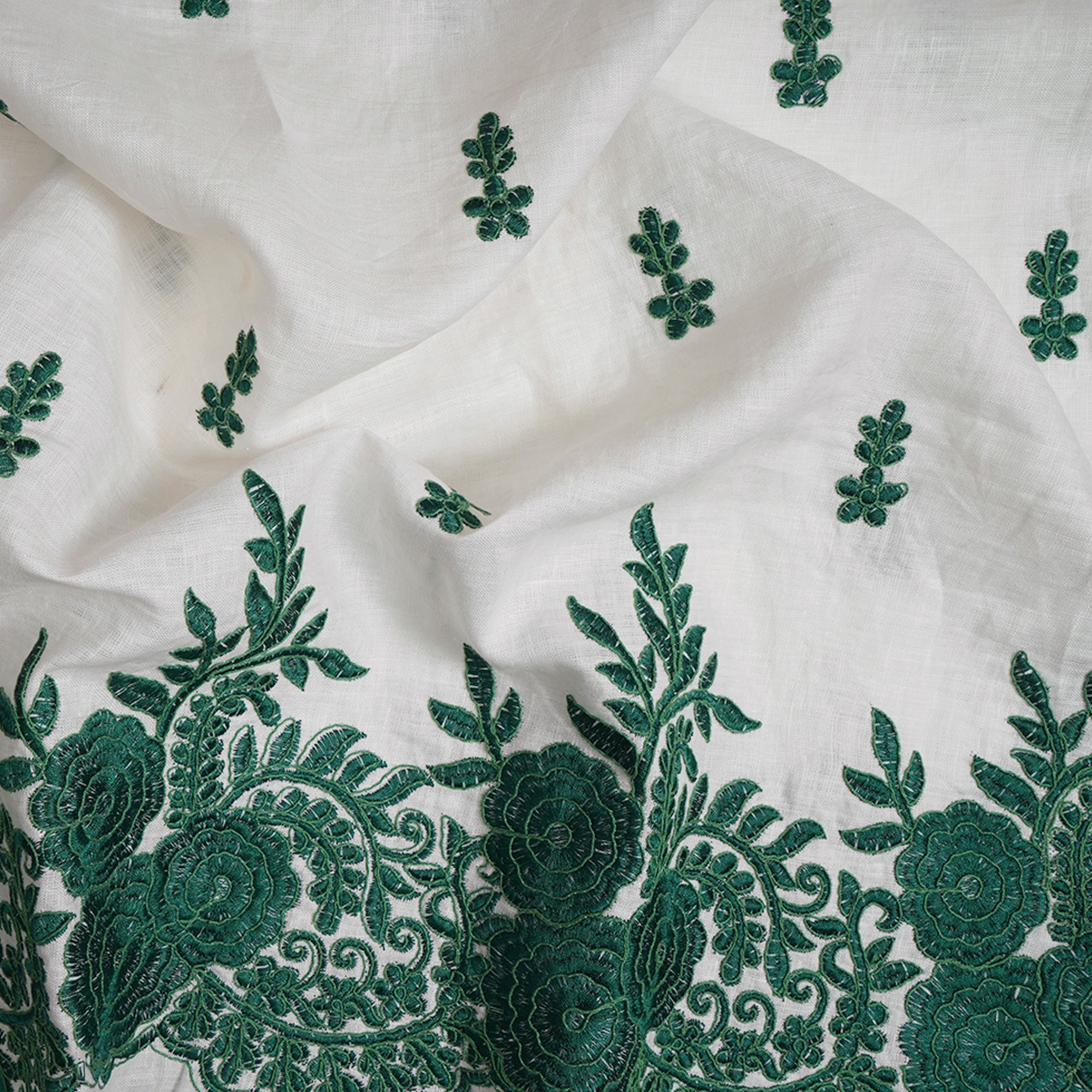 (Pre-Cut 2.00 Mtr)White-Green Color Embroidered Plain Lee Fabric