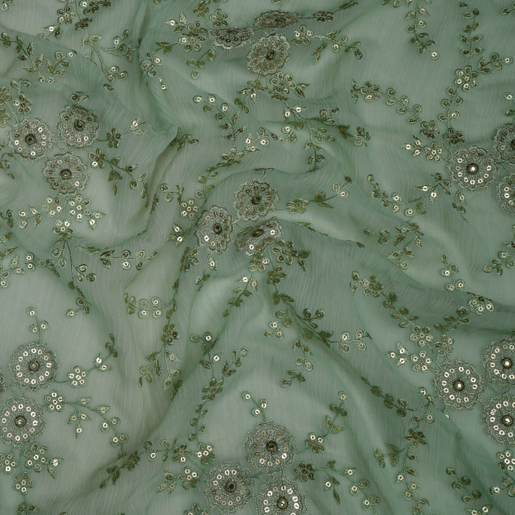 (Pre-Cut 1.00 Mtr)Gyey Floral Pattern Thread Sequins Embroidered Bemberg Chiffon Fabric
