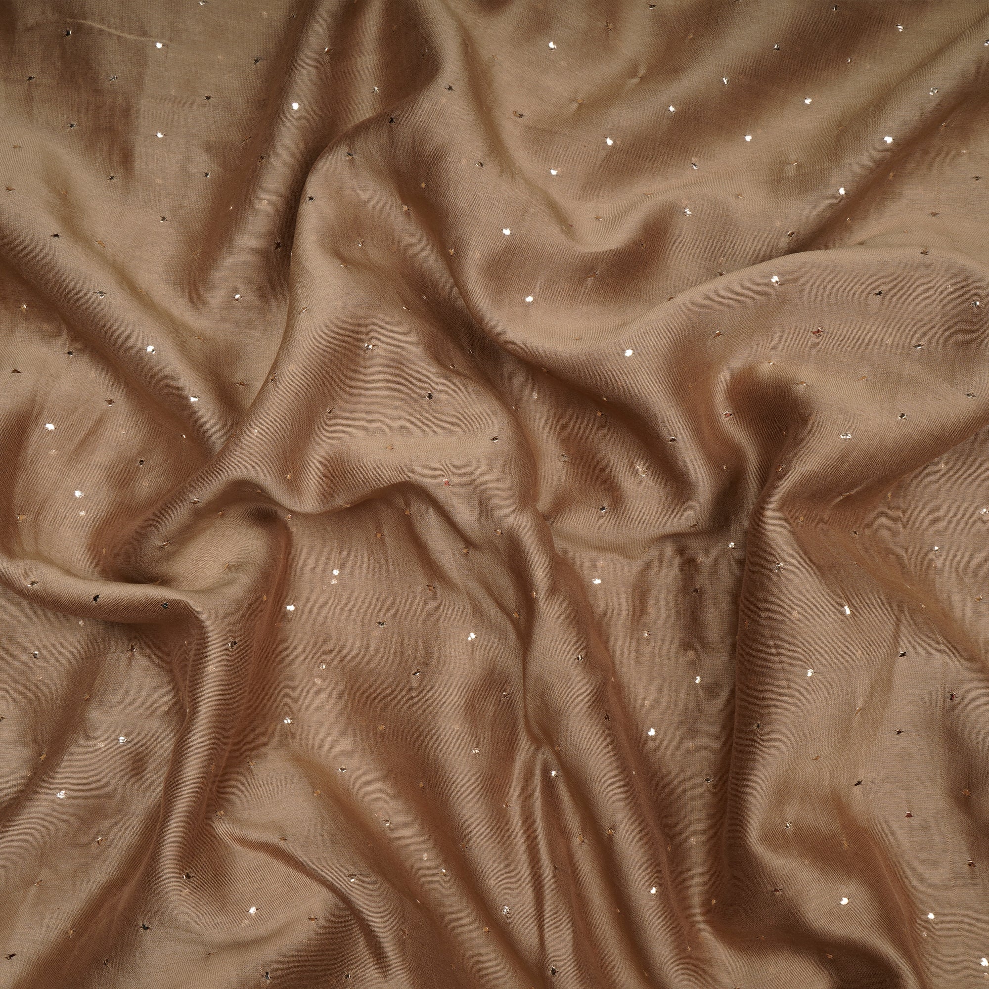 (Pre-Cut 4.10 Mtr)Tan All Over Pattern Hand Embroidered Mukaish Work Tissue Chanderi Fabric