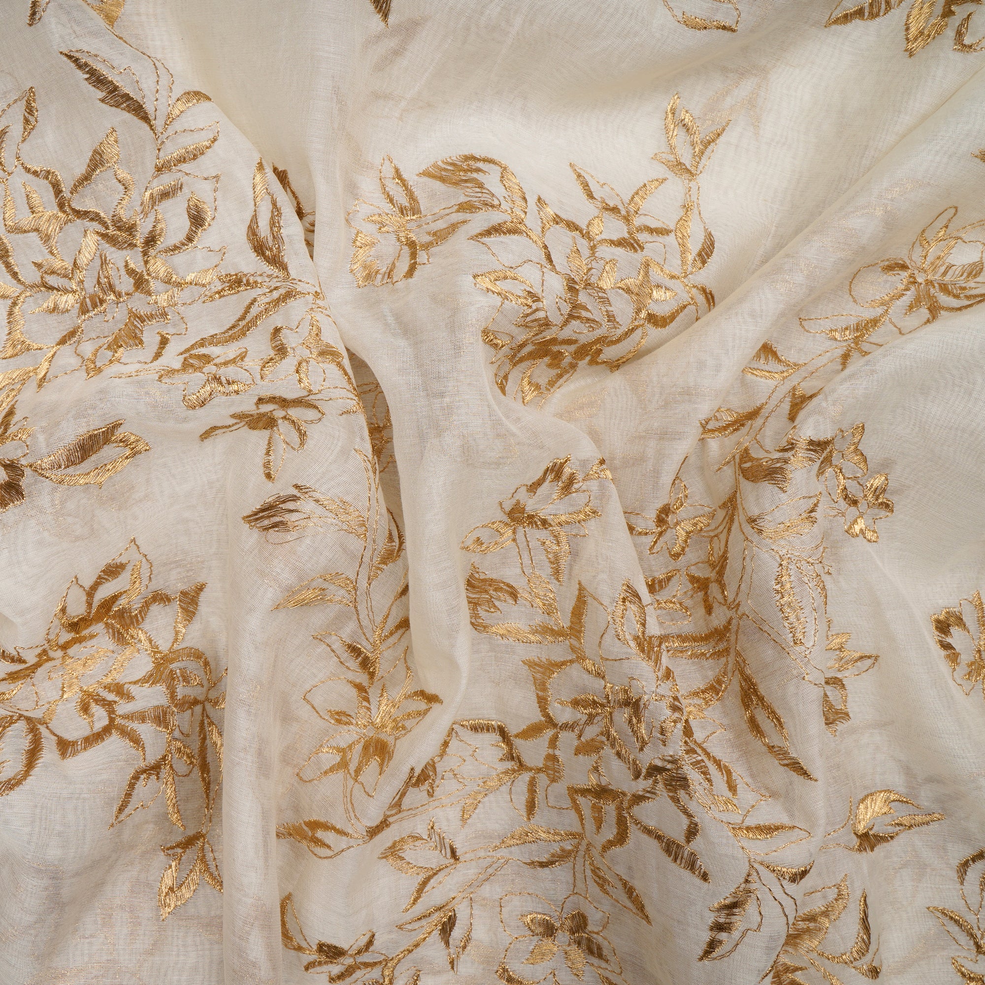 (Pre-Cut 0.50 Mtr)Off-White-Gold Dyeable All Over Floral Pattern Thread Embroidered Chanderi Fabric