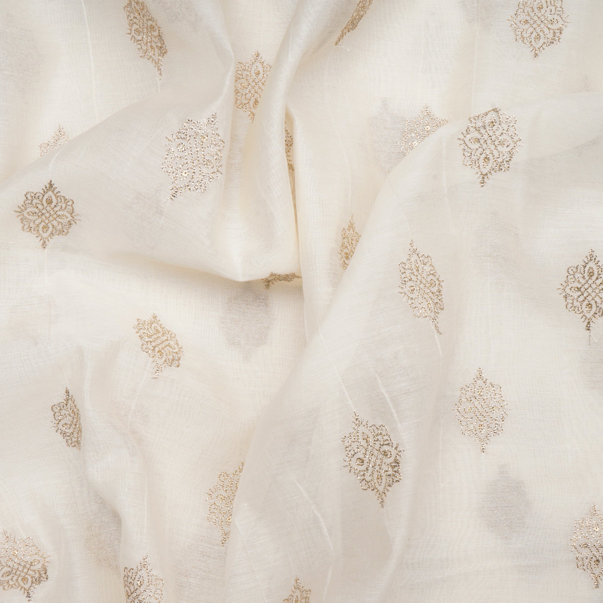 (Pre-Cut 0.60 Mtr)Off White Dyeable Motif Pattern Zari Embroidered Chanderi Fabric