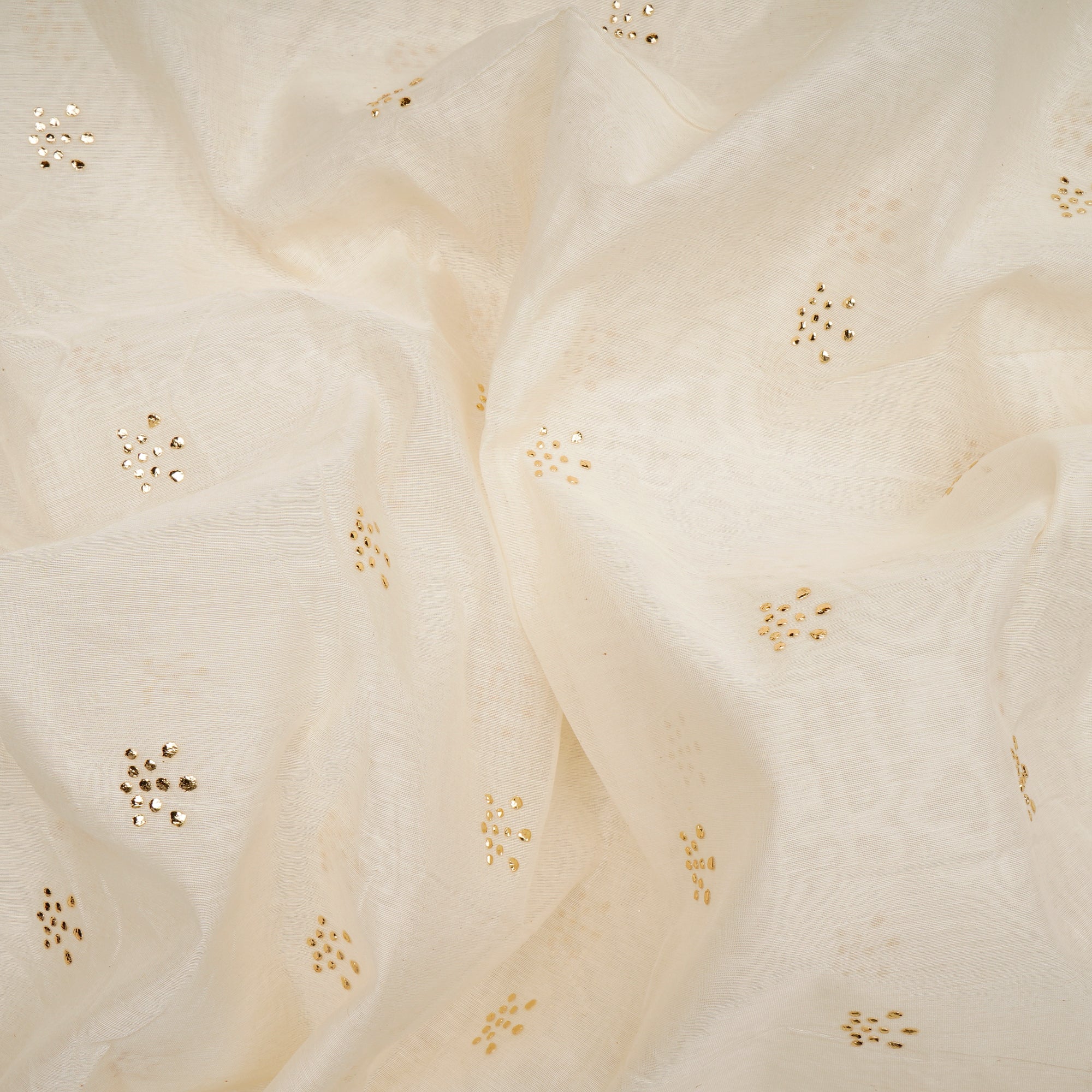 (Pre-Cut 4.50 Mtr)Off-White Dyeable Booti Pattern Dew Drop Mukaish Effect Embroidered Chanderi Fabric