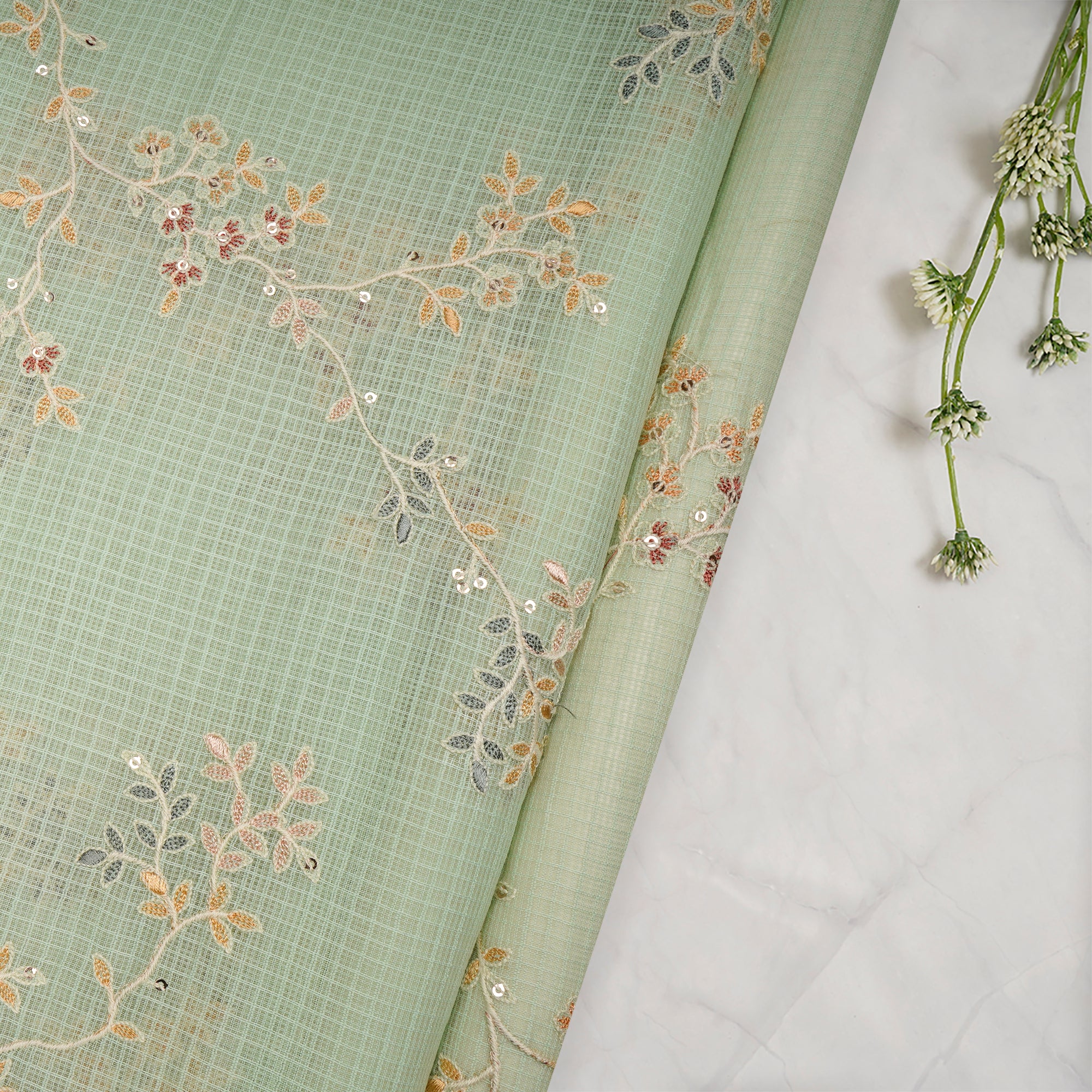 (Pre-Cut 1.50 Mtr)Pastel Green All Over Pattern Thread & Sequin Embroidered Cotton Kota Fabric