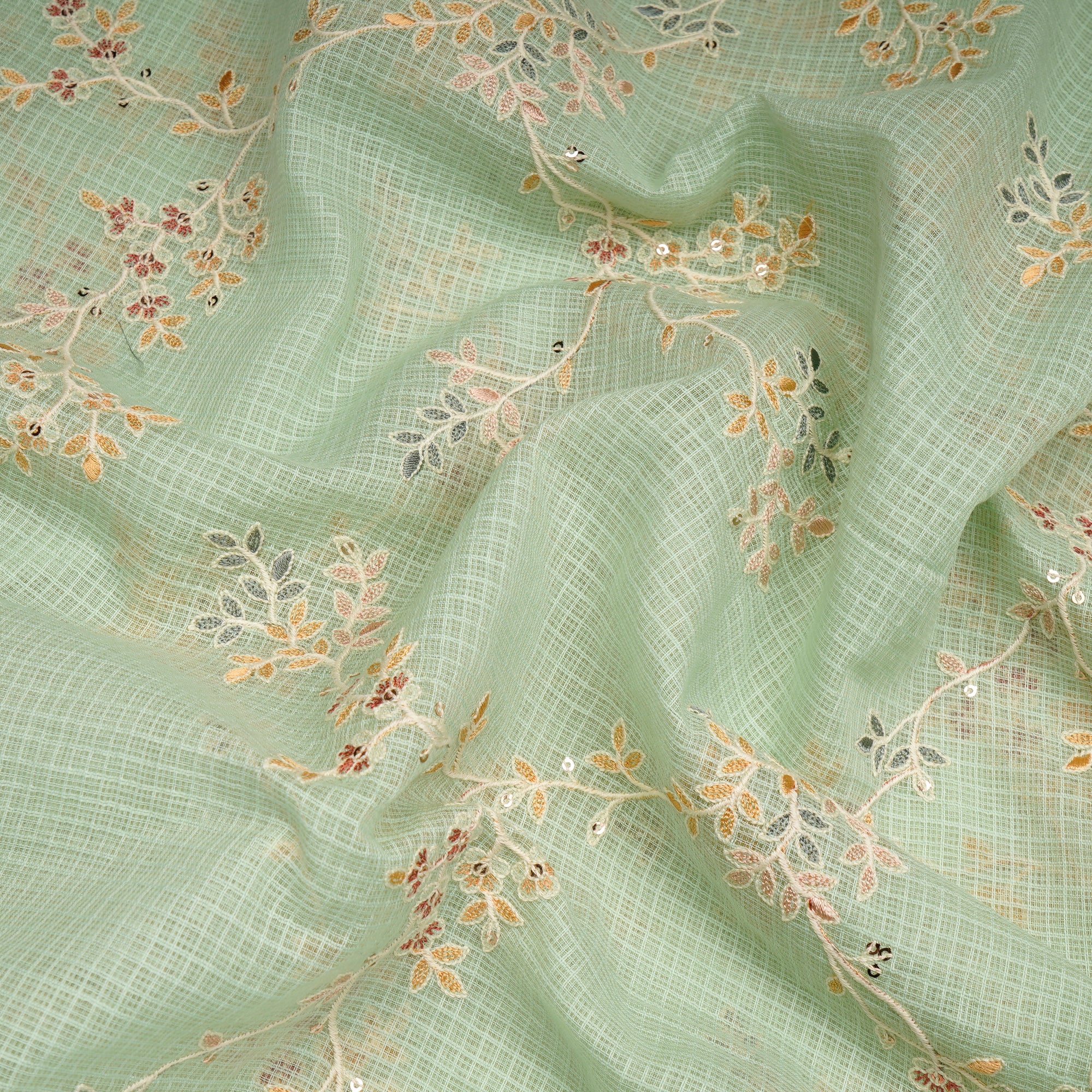(Pre-Cut 1.50 Mtr)Pastel Green All Over Pattern Thread & Sequin Embroidered Cotton Kota Fabric
