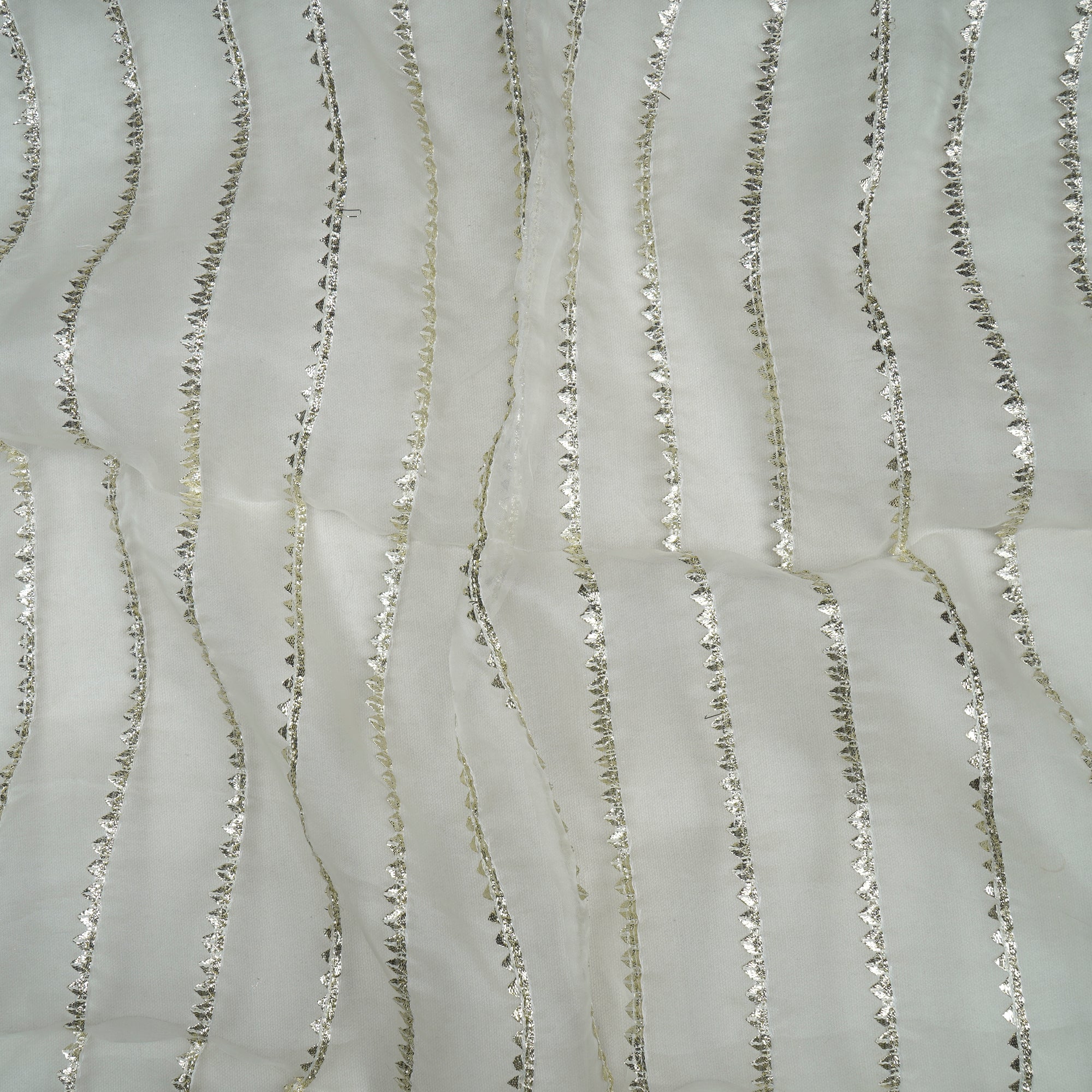(Pre-Cut 1.50 Mtr)Gold-White Dyeable Stripe Pattern Embroidered Nylon Organza Fabric