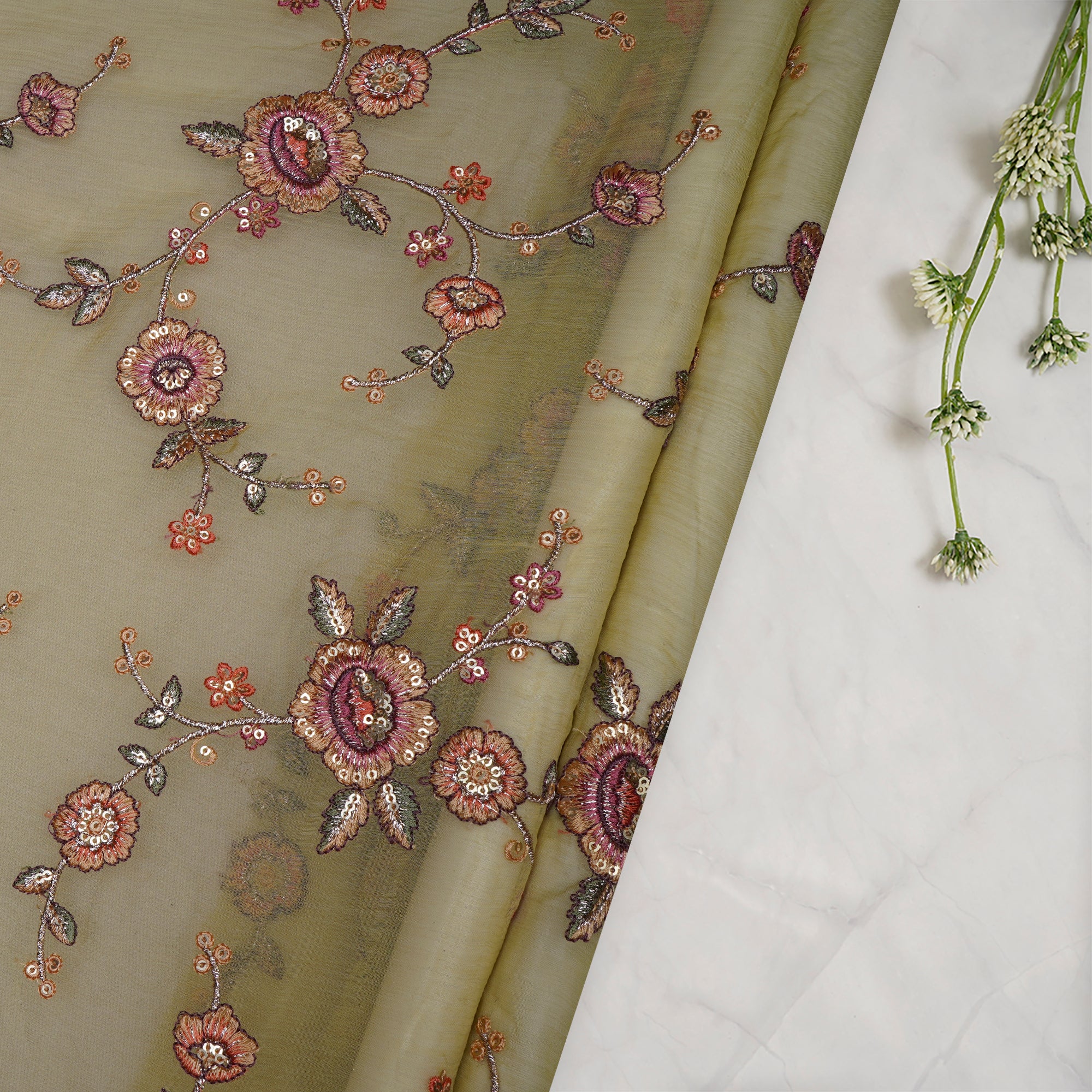 (Pre-Cut 1.00 Mtr)Envu Floral Pattern Thread Sequins Embroidered Bemberg Chiffon Fabric