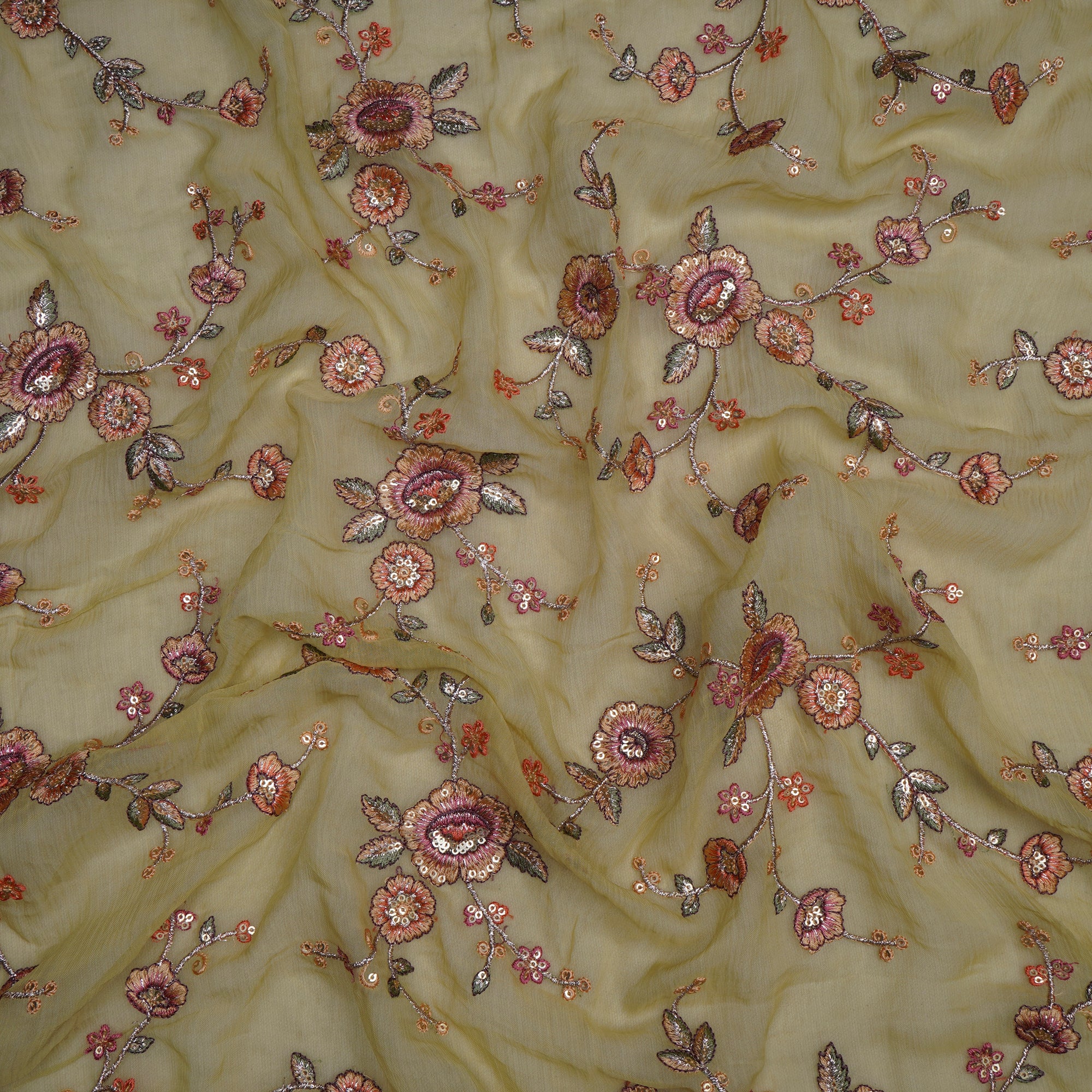 (Pre-Cut 1.00 Mtr)Envu Floral Pattern Thread Sequins Embroidered Bemberg Chiffon Fabric
