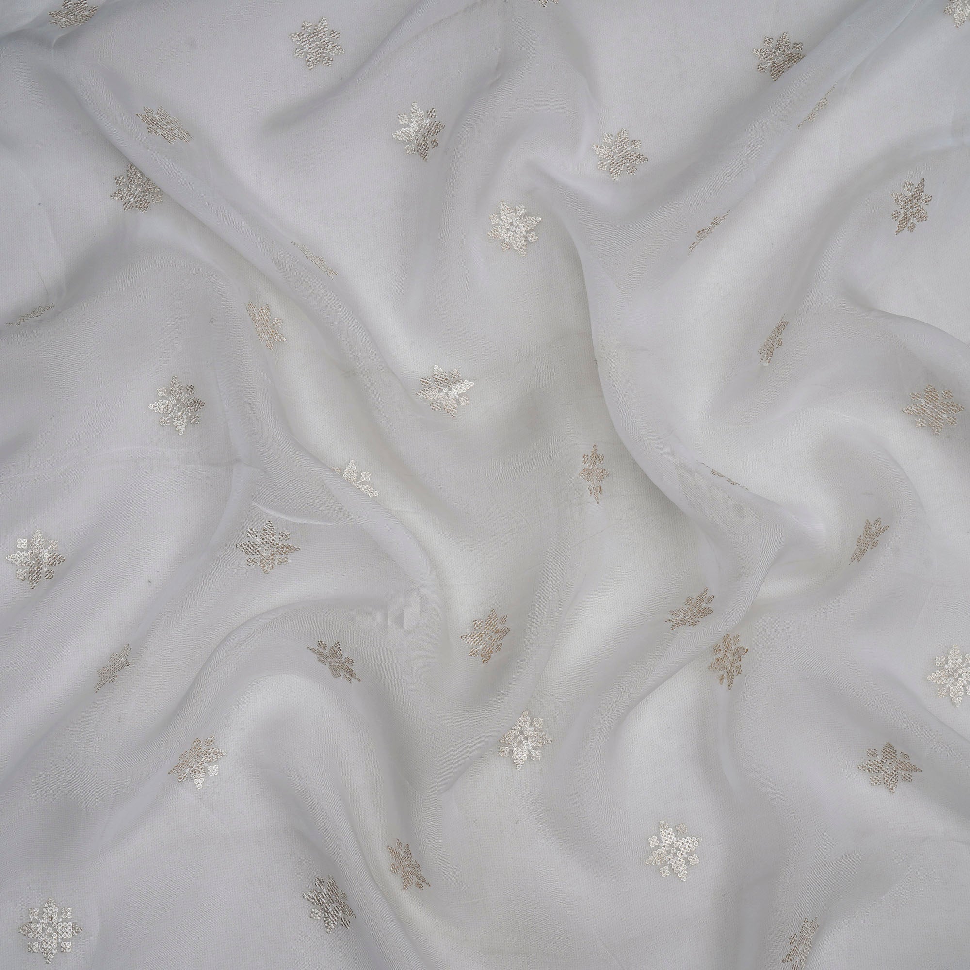 (Pre-Cut 1.50 Mtr)White Color Embroidered Organza Fabric
