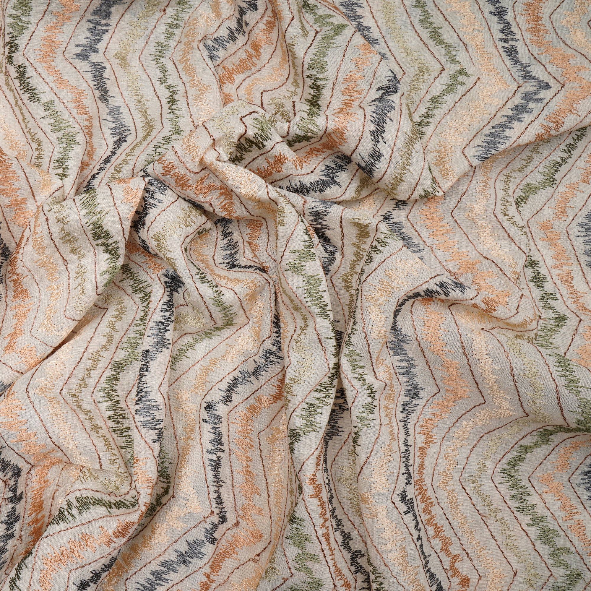 (Pre-Cut 0.90 Mtr)Off-White Chevron Pattern Thread Embroidered Cotton Fabric